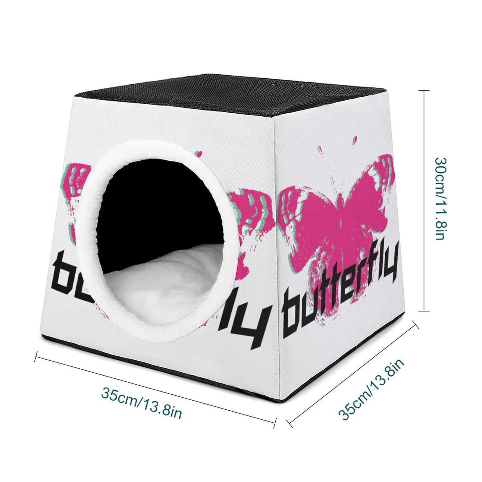 Printed Cat Houses & Condos - Foldable Cat Cube Bed with Removable Pillow - Butterfly Red Design for Indoor Cats - Perfect for Living Room, Bedroom or Office Pet Space