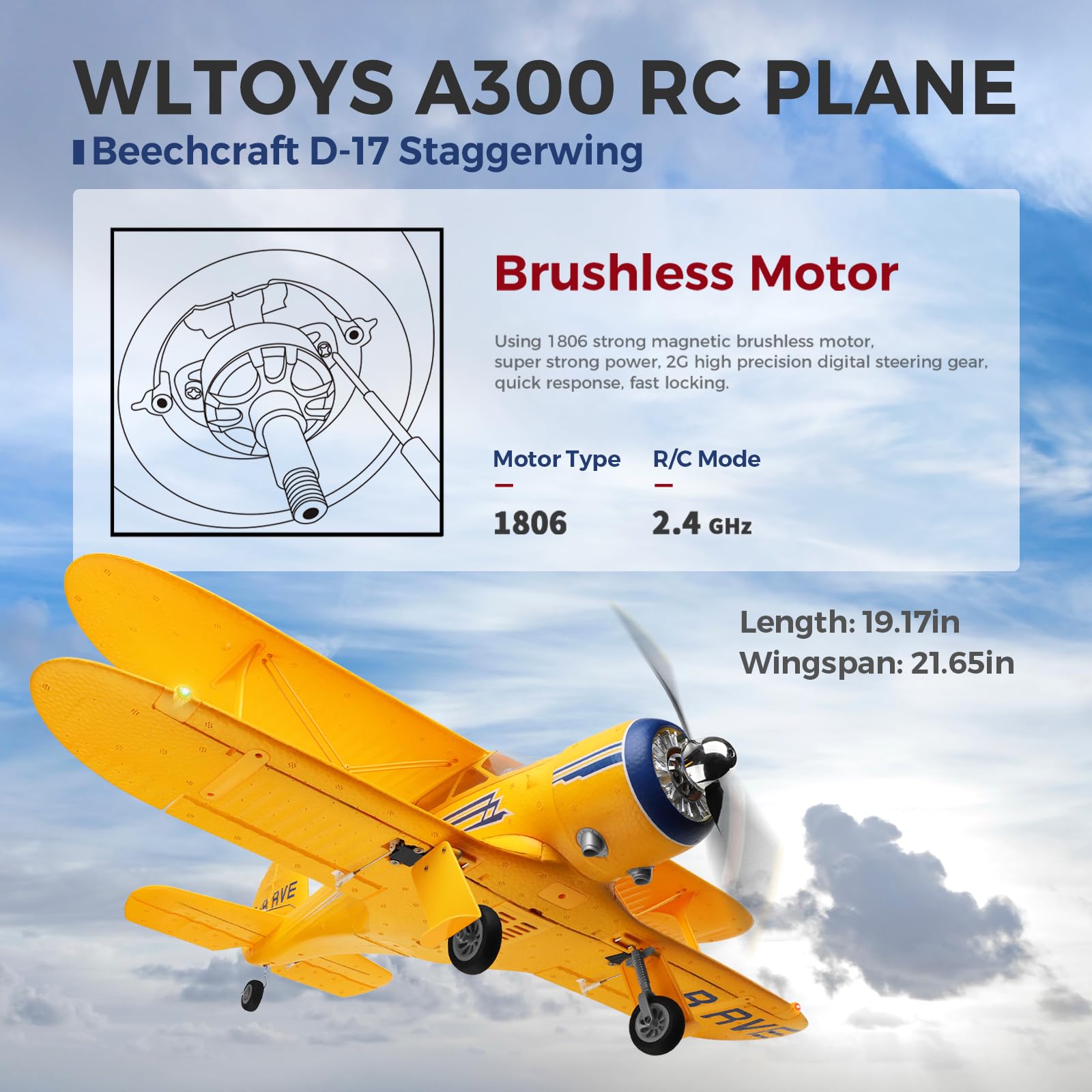 WLtoys A300 4-Channel RC Plane - Beechcraft D-17 Model with LED Lights, 6G/3D Brushless Motor, 2.4GHz Remote Control & 2 Batteries - Perfect RC Airplane Gift for Adults (Outdoor Flying, Hobbyist Collections, Birthday Presents)