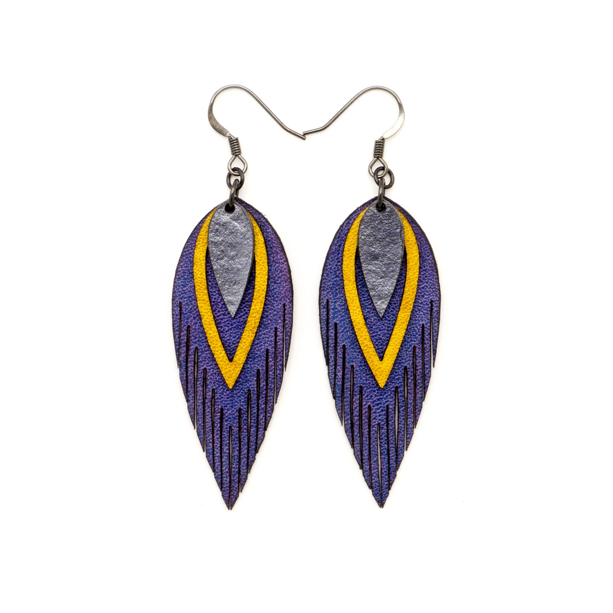 Nativas 3 Layer Genuine Leather Earrings for Women - Purple, Yellow, Silver | Boho Chic Jewelry for Casual Wear, Parties & Special Occasions