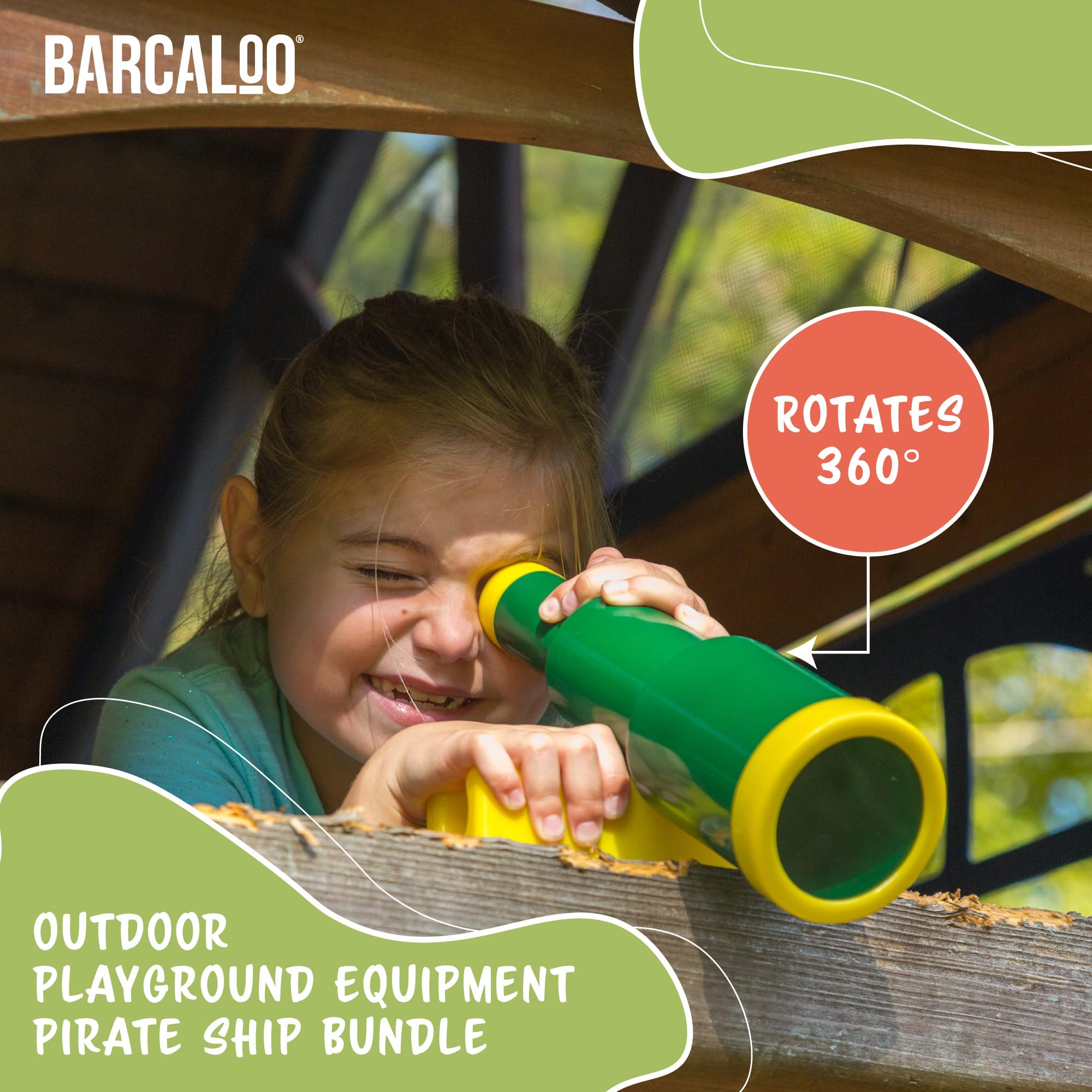 Kids Outdoor Playground Accessories - Pirate Telescope, Steering Wheel & Green Safety Handle Bars for Backyard, Playhouse, Treehouse, Jungle Gym, Swingset & Pirate Ship | Perfect for Imaginative Play & Outdoor Adventures