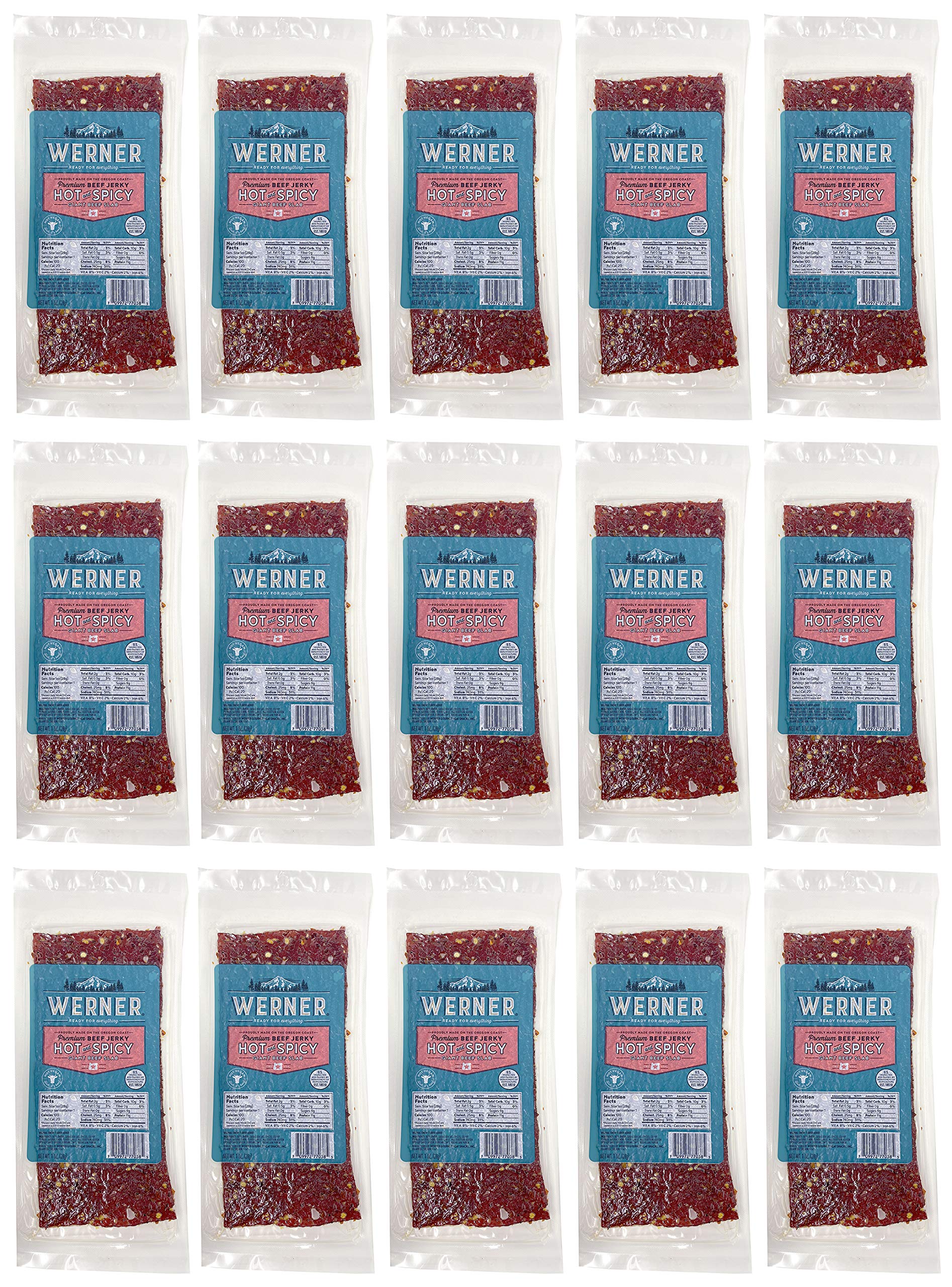 Werner Hot & Spicy Beef Jerky Slab - 15 Pack (1 Ounce Each) | Individually Wrapped Meat Snacks for Hiking, Camping & Road Trips | High Protein Low Carb Keto Snack