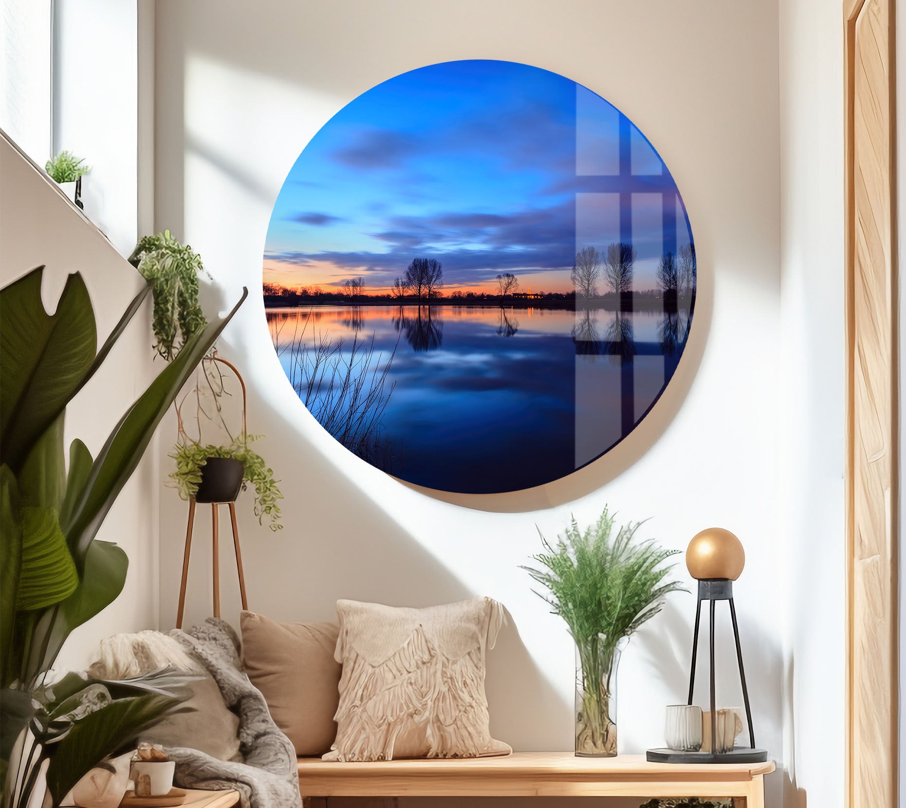 Blue Sunset Lake Wall Art - Serene Landscape Glass Print for Modern Home & Office Decor | Perfect for Living Room, Bedroom & Meditation Spaces