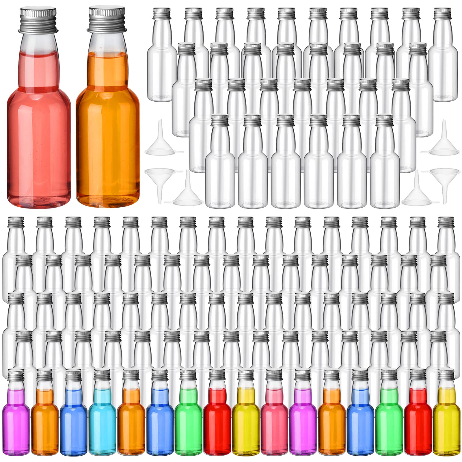 120 Pcs Mini Liquor Bottles (2 oz) - Airtight Empty Plastic Shot Bottles with Funnels - Perfect for Cocktails, Party Favors, Wedding Decor & Home Bar Accessories (Silver)