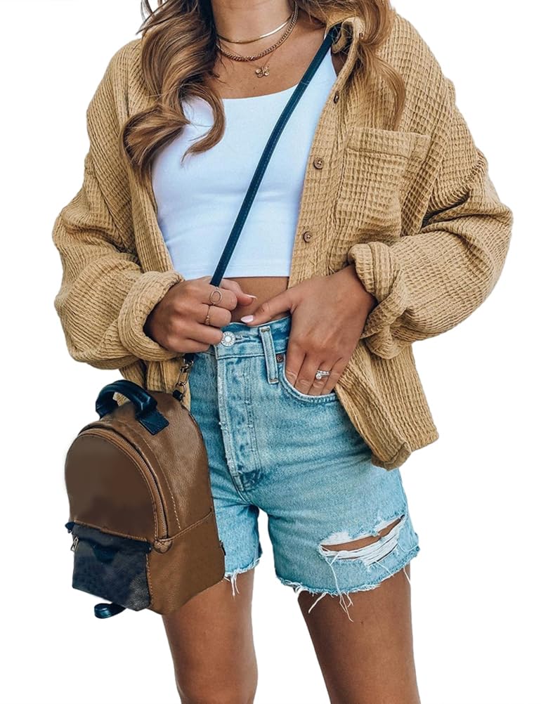 IDEALSANXUN Women's Long Sleeve Button Down Shirt - Stylish Waffle Knit Blouse & Shacket for Work, Office & Casual Outfits | Fall Winter Fashion Tops