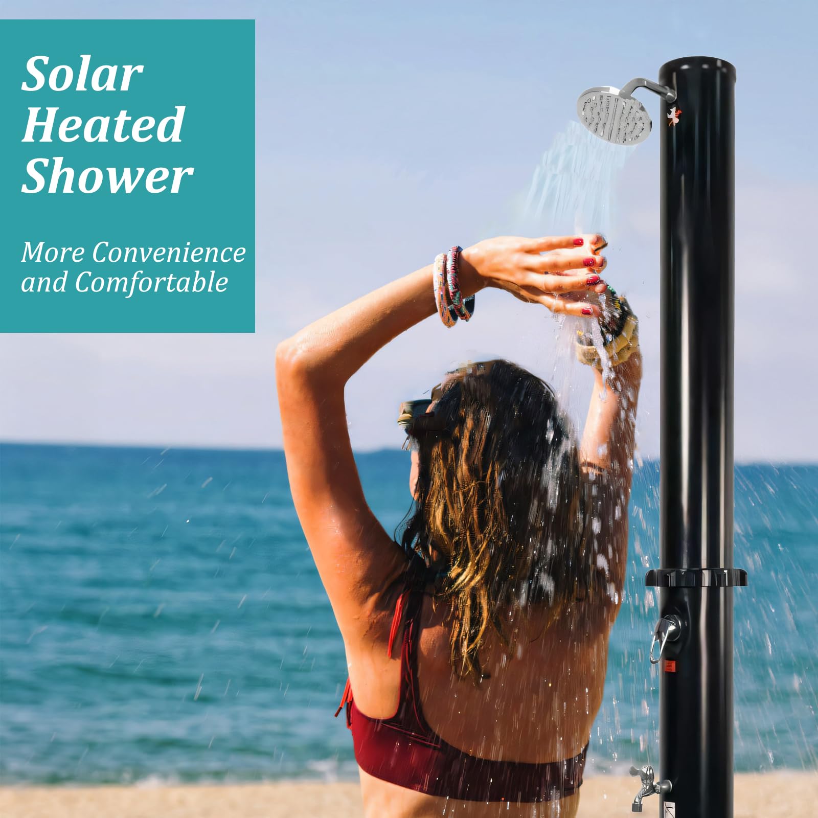 7 FT Outdoor Solar Heated Shower - 9.3 Gallon Portable Camping Shower with Adjustable Shower Head & Foot Tap - Perfect for Beach, Poolside, Backyard, RV & Camping - Black Style 2