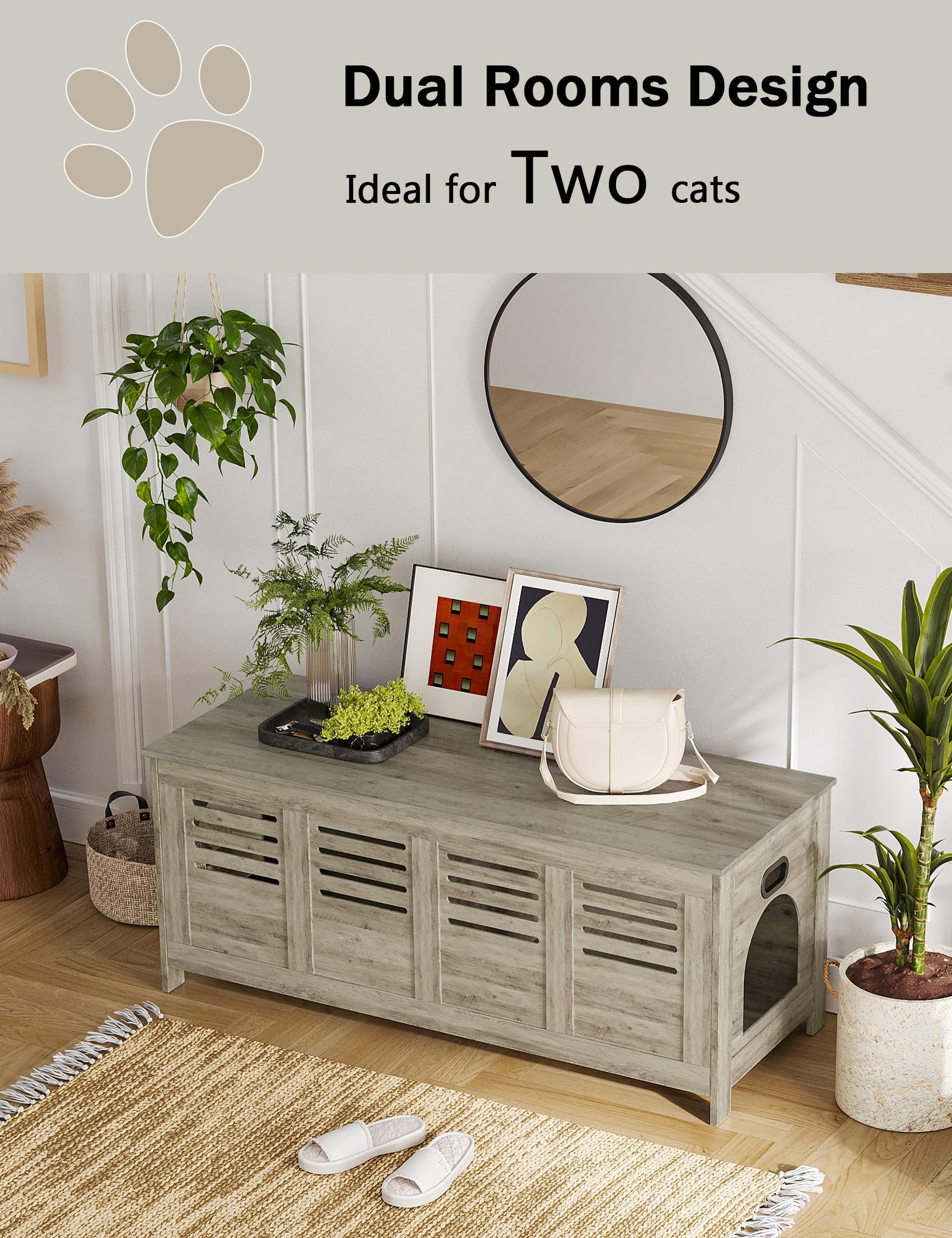 DINZI LVJ Wooden Cat Litter Box Enclosure Furniture for 2 Cats - Hidden Top Opening Design with Dual Rooms & Ventilation - 47.2
