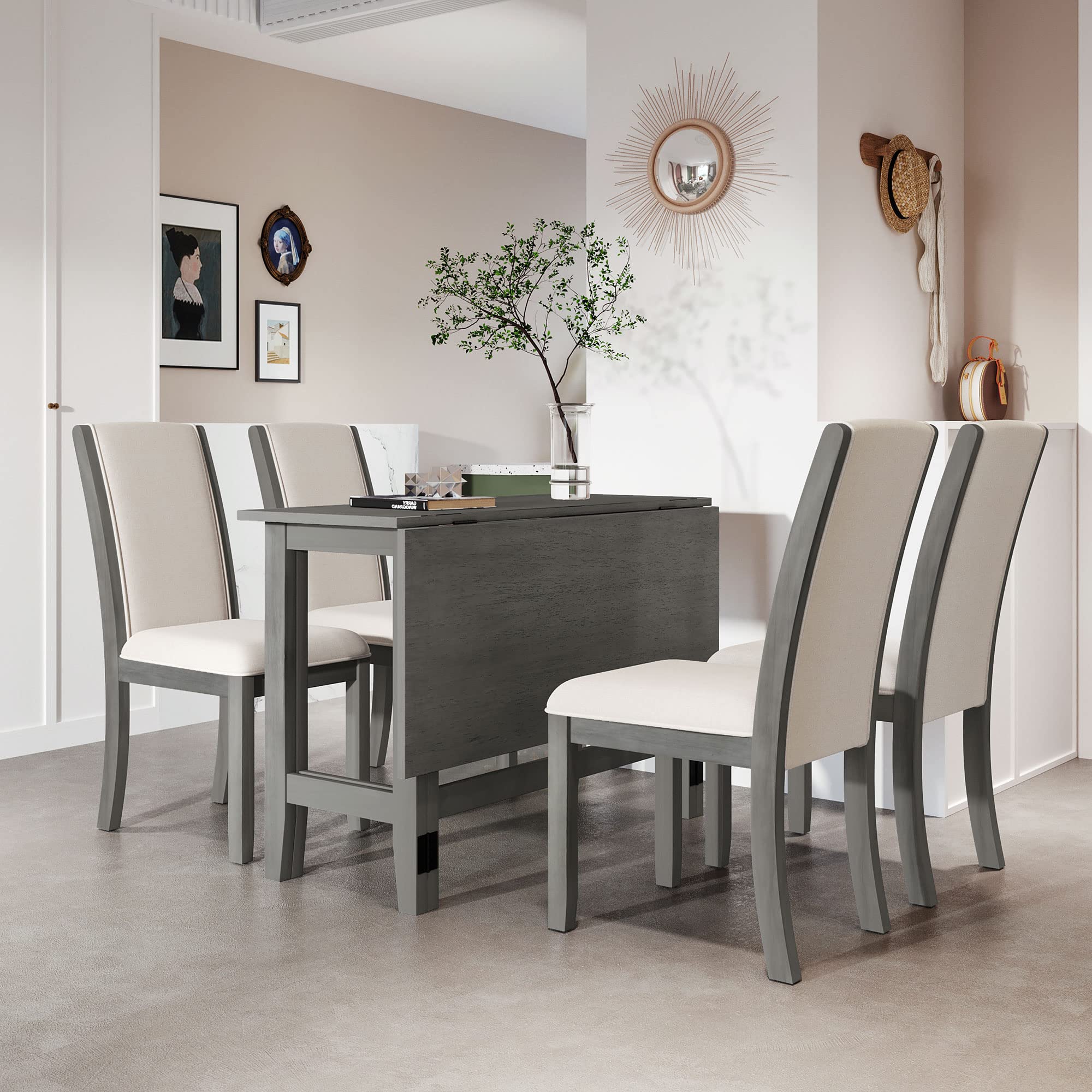 Farmhouse Drop Leaf Folding Dining Table - Solid Wood Extendable Kitchen Table for Small Spaces (18