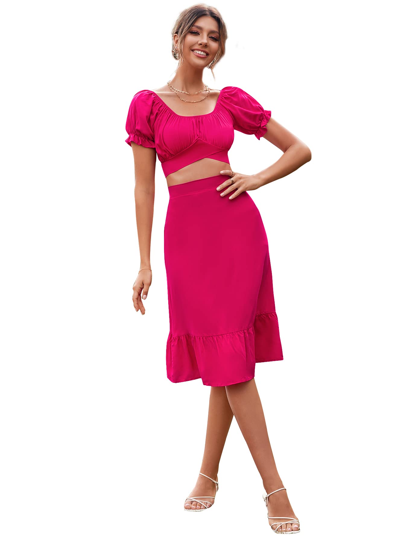 LYANER Women's 2 Piece Floral Print Summer Outfit - Self Tie Knot Crop Top & High Waist Midi Skirt Set | Casual Beach Wear, Vacation Outfit, Boho Chic Fashion