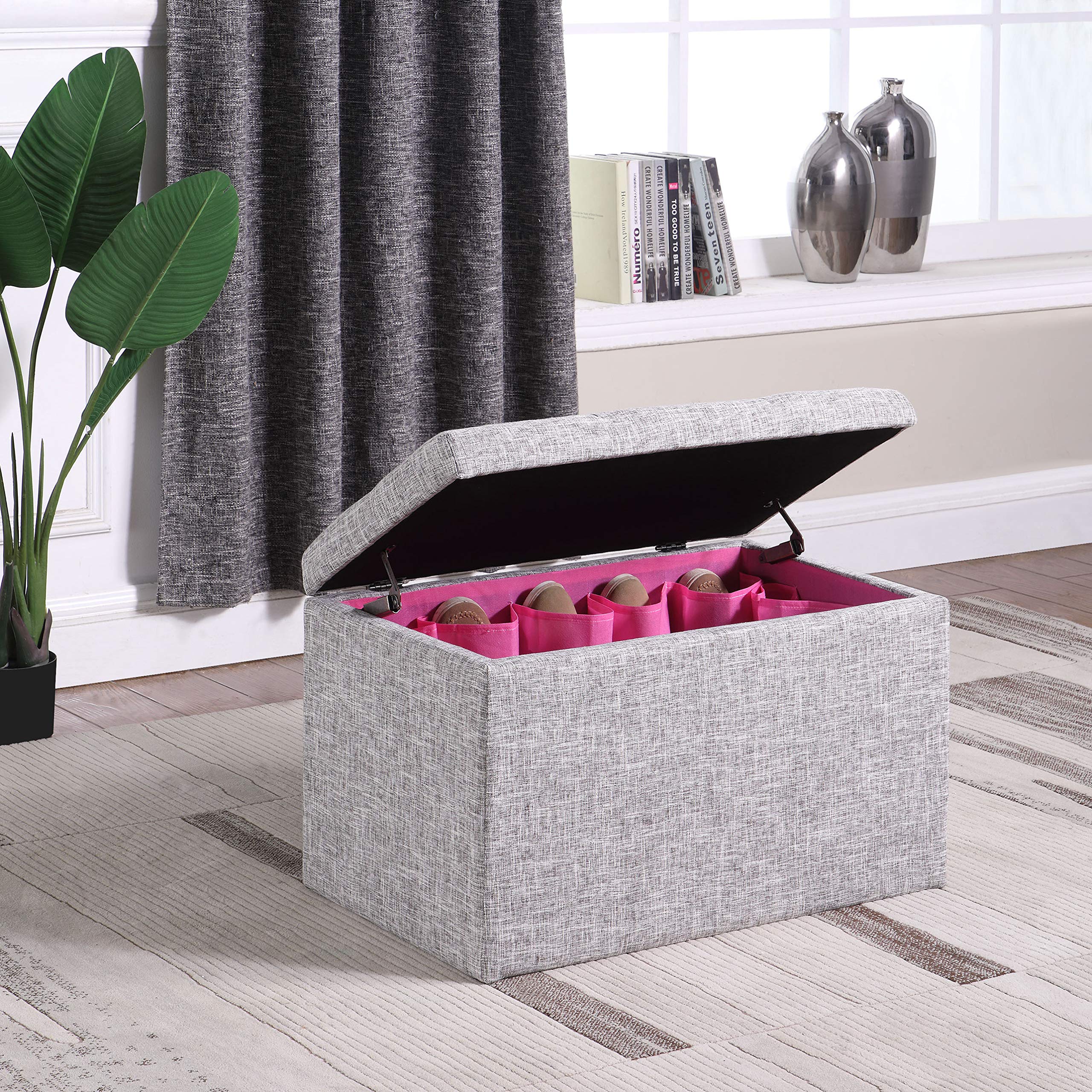 Ore International HB4782 18.5-Inch Light Gray Tufted Shoe Storage Bench with Gauze Fabric - Perfect for Entryway, Bedroom & Closet Organization