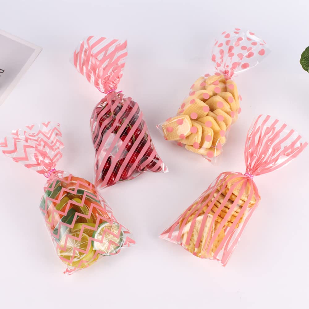 100Pcs Pink Buffalo Polka Dot Stripes Cellophane Gift Bags - Baby Shower, Birthday, Wedding Party Favor Treat Bags for Candy, Goodies & Small Gifts - Perfect for Valentine's Day, Baby Showers & Special Events