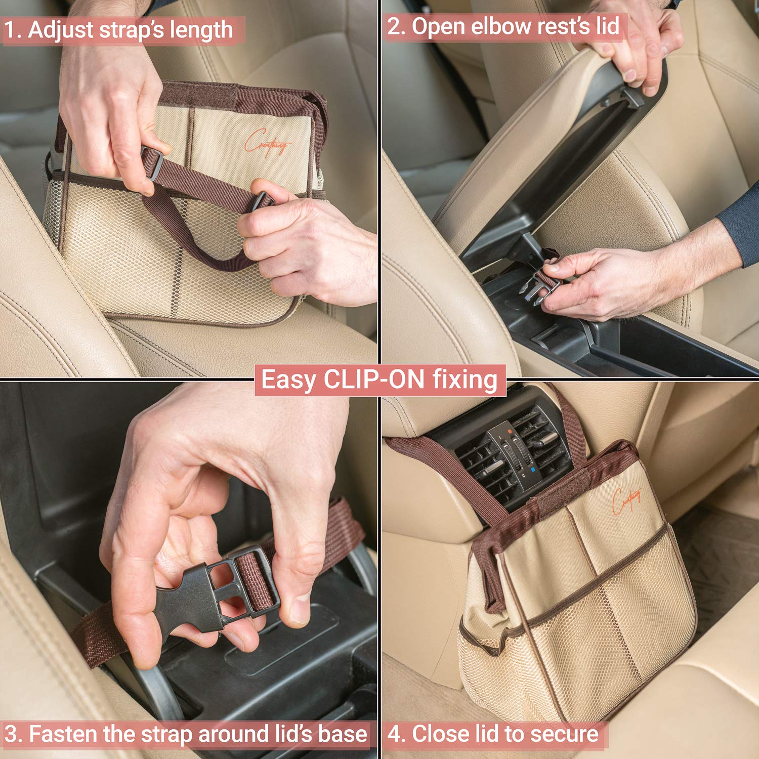 Creathing Heavy-Duty Car Trash Can with Leakproof Liner - 2 Gallon Auto Garbage Bin for Cars, Trucks & SUVs | Hangs on Console, Floor or Seat | Perfect for Road Trips, Commuting & Family Travel (Beige)