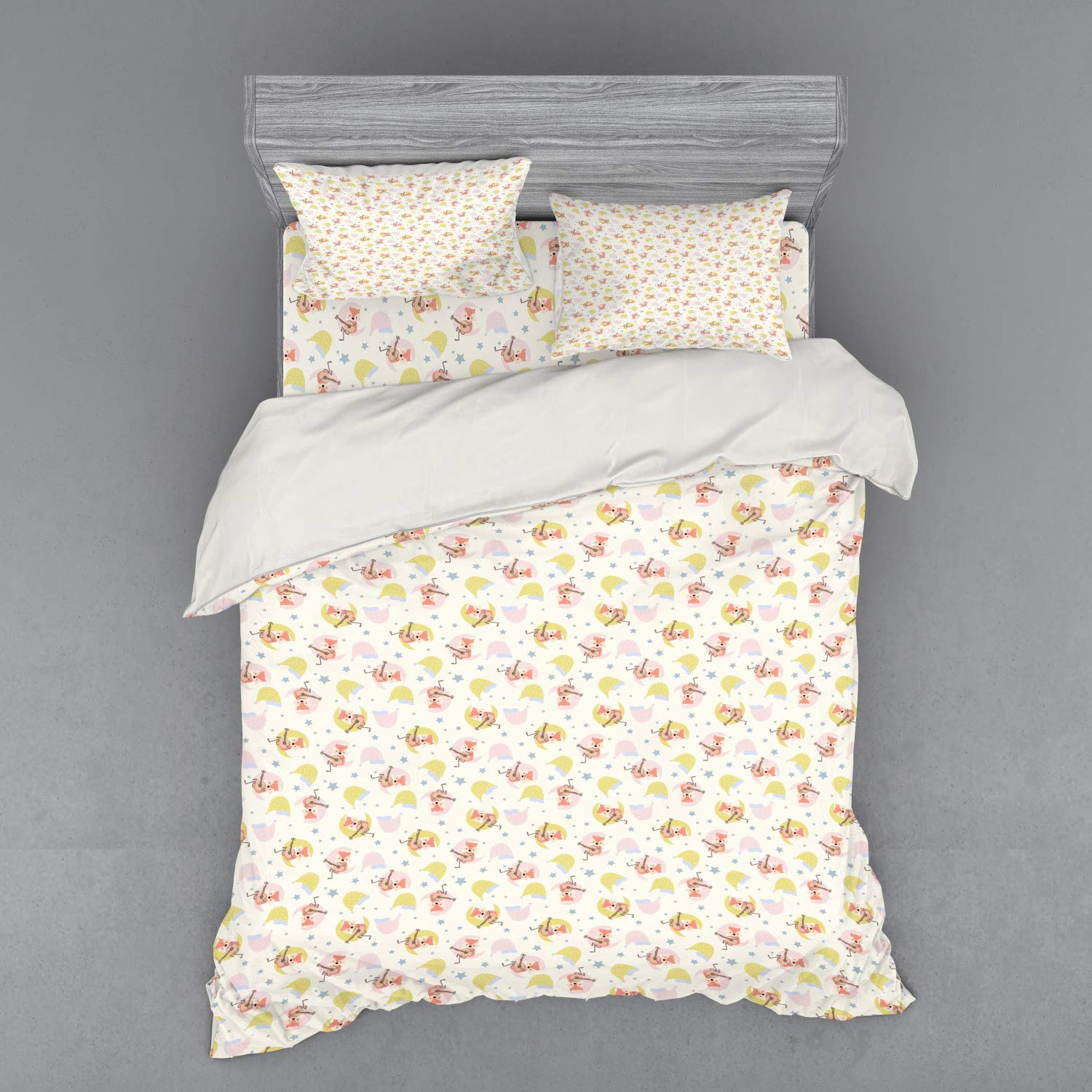 Ambesonne Fox Duvet Cover Set - Funny Cartoon Animal Playing Guitar with Stars Design | 4-Piece Queen Size Bedding Set with Shams & Fitted Sheet | Rose Multicolor | Perfect for Kids' Rooms, Teen Bedrooms & Whimsical Home Decor