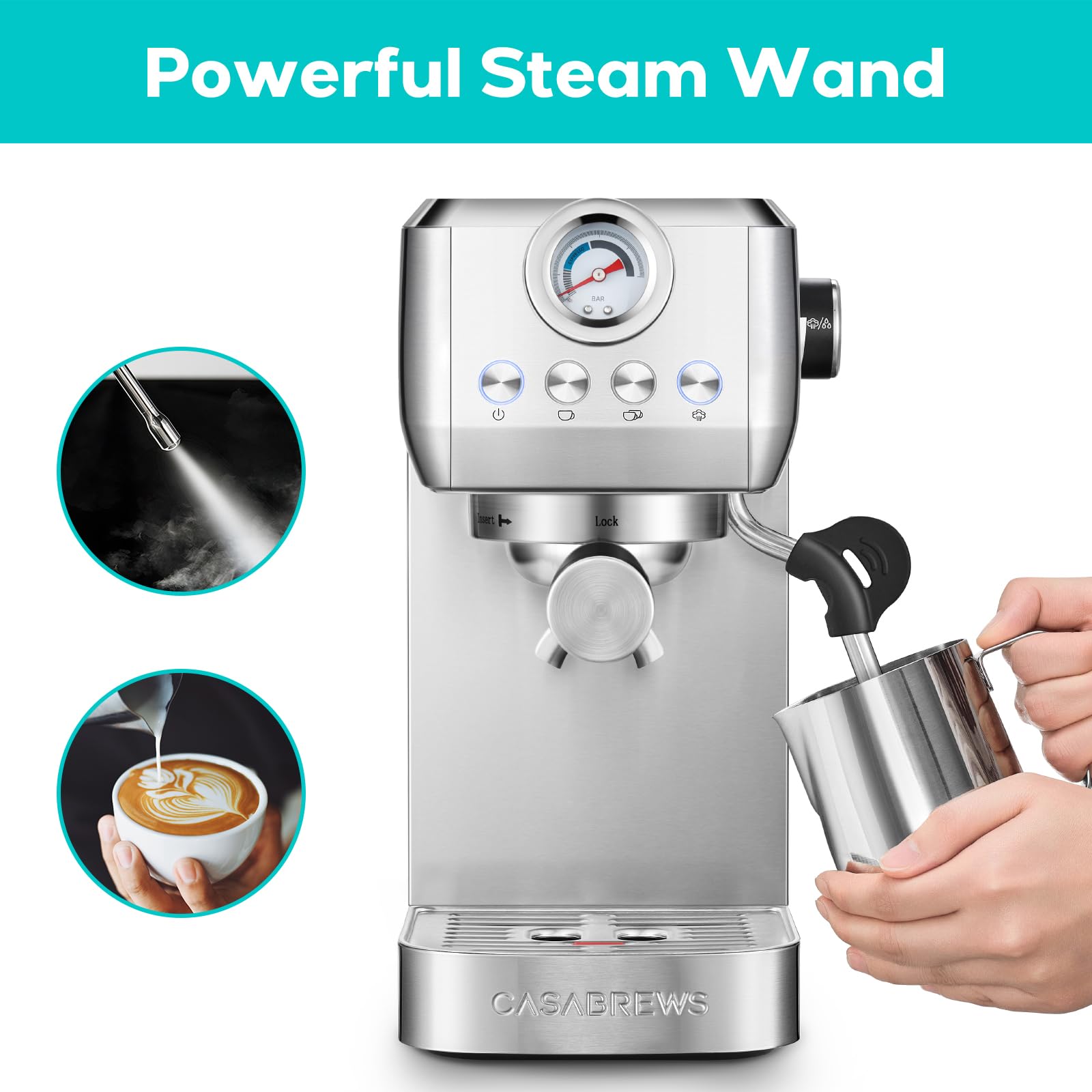 CASABREWS 20 Bar Espresso Machine with Steam Milk Frother - Stainless Steel Coffee Maker for Cappuccino & Latte - 43.9 oz Removable Water Tank - Perfect for Home Baristas & Coffee Lovers
