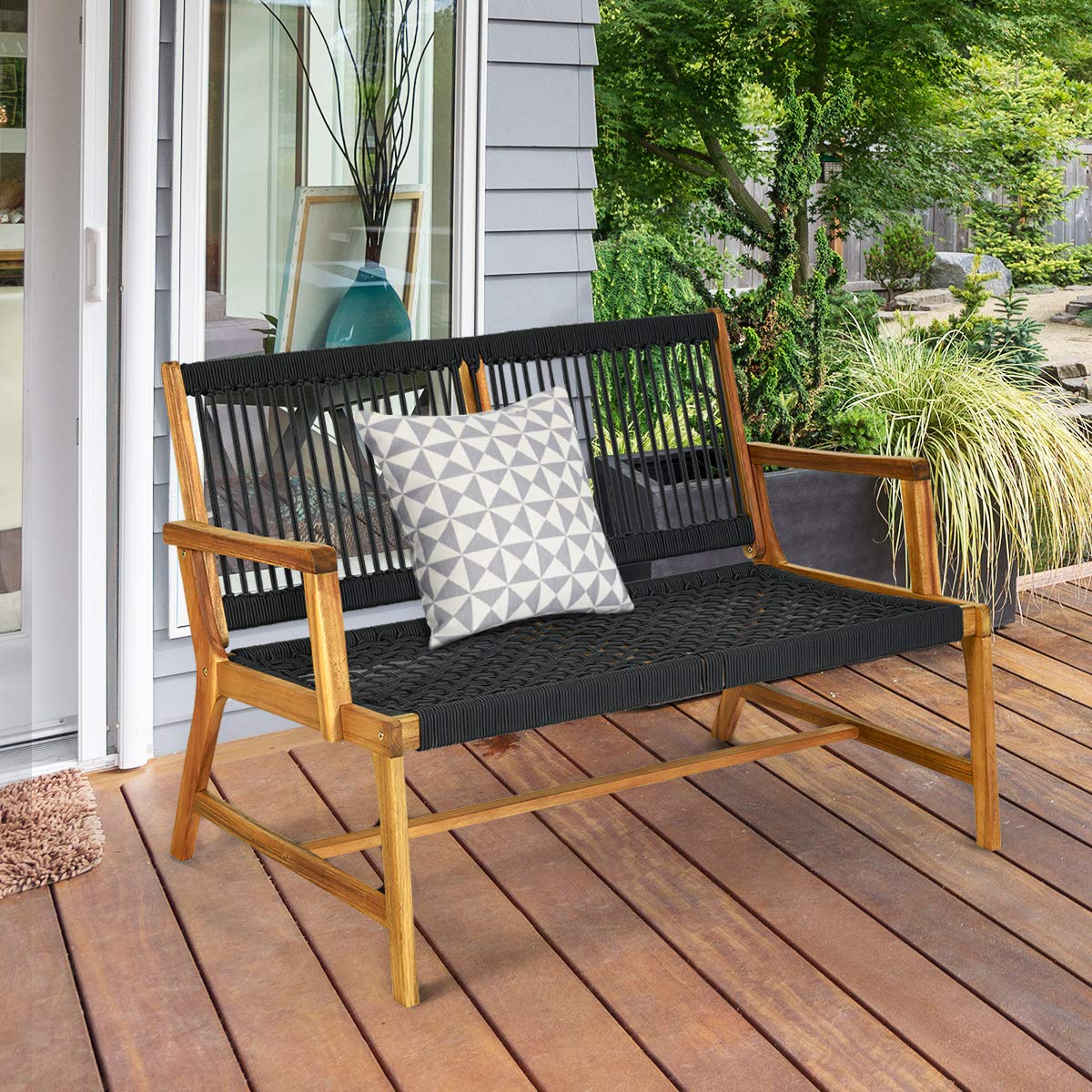2-Person Acacia Wood Outdoor Patio Bench with Backrest & Armrest - Weatherproof Loveseat Rope Chair for Porch, Poolside, Garden & Balcony (Black) | Perfect for Relaxing, Entertaining & Outdoor Decor
