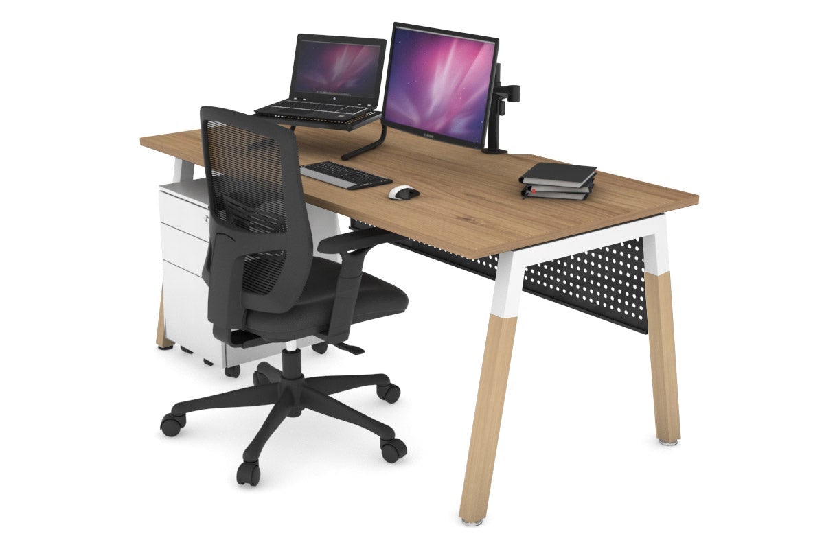 Solid Wood Quadro A Legs Office Desk with Cross Beam - 1400L x 800W, Cable Management Scallop - Perfect for Home Office, Study Room & Workspace Organization