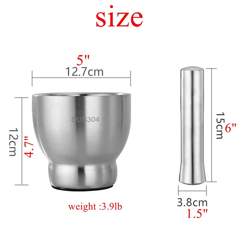Premium 5 Inch Stainless Steel Mortar and Pestle Set - Large Capacity Heavy Duty Spice Grinder with Lid for Herbs, Garlic, Peppercorns & More - Perfect for Kitchen, Cooking, Grinding Spices & Making Fresh Pastes