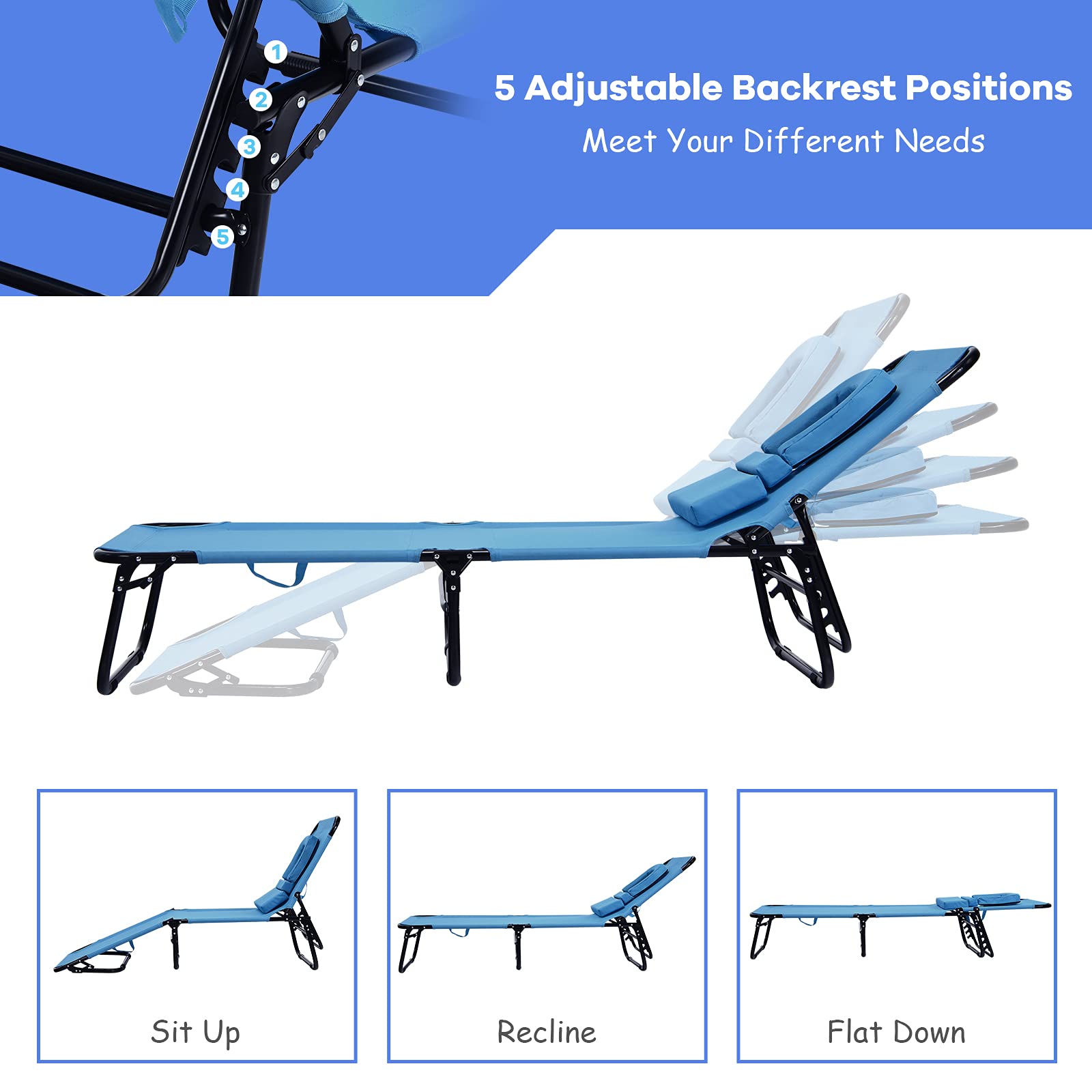 GYMAX Adjustable Folding Beach Lounge Chair - Portable Sunbathing Recliner with Face Hole for Patio, Poolside & Backyard Relaxation | Perfect for Outdoor Vacation, Camping & Beach Getaways