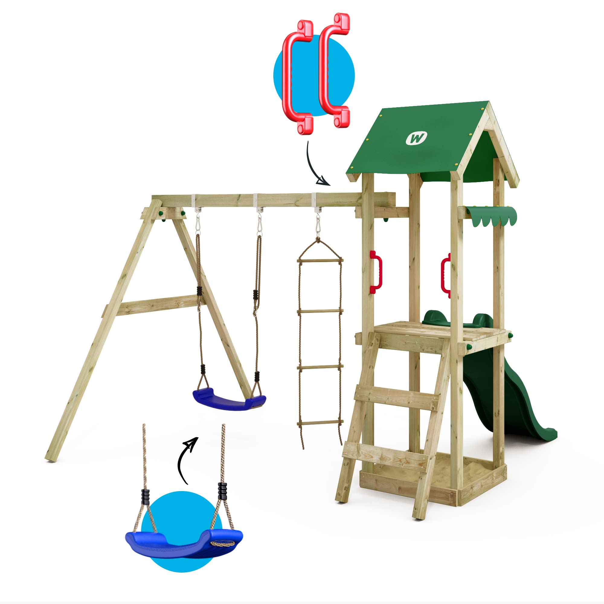 WICKEY TinyCabin Wooden Playhouse with Swing, Slide & Sandbox - Kids Outdoor Climbing Tower with Ladder & Garden Accessories - Perfect for Backyard, Playground & Preschool Activities