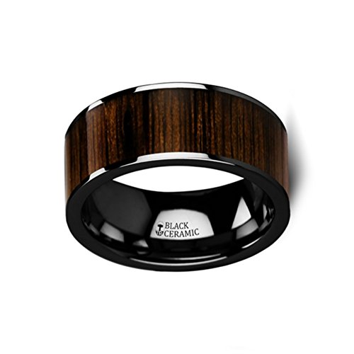 Kendo Black Ceramic Wedding Band Ring - 10mm Polished Finish with Black Walnut Wood Inlay | Durable & Stylish Men's Wedding Ring for Everyday Wear & Special Occasions