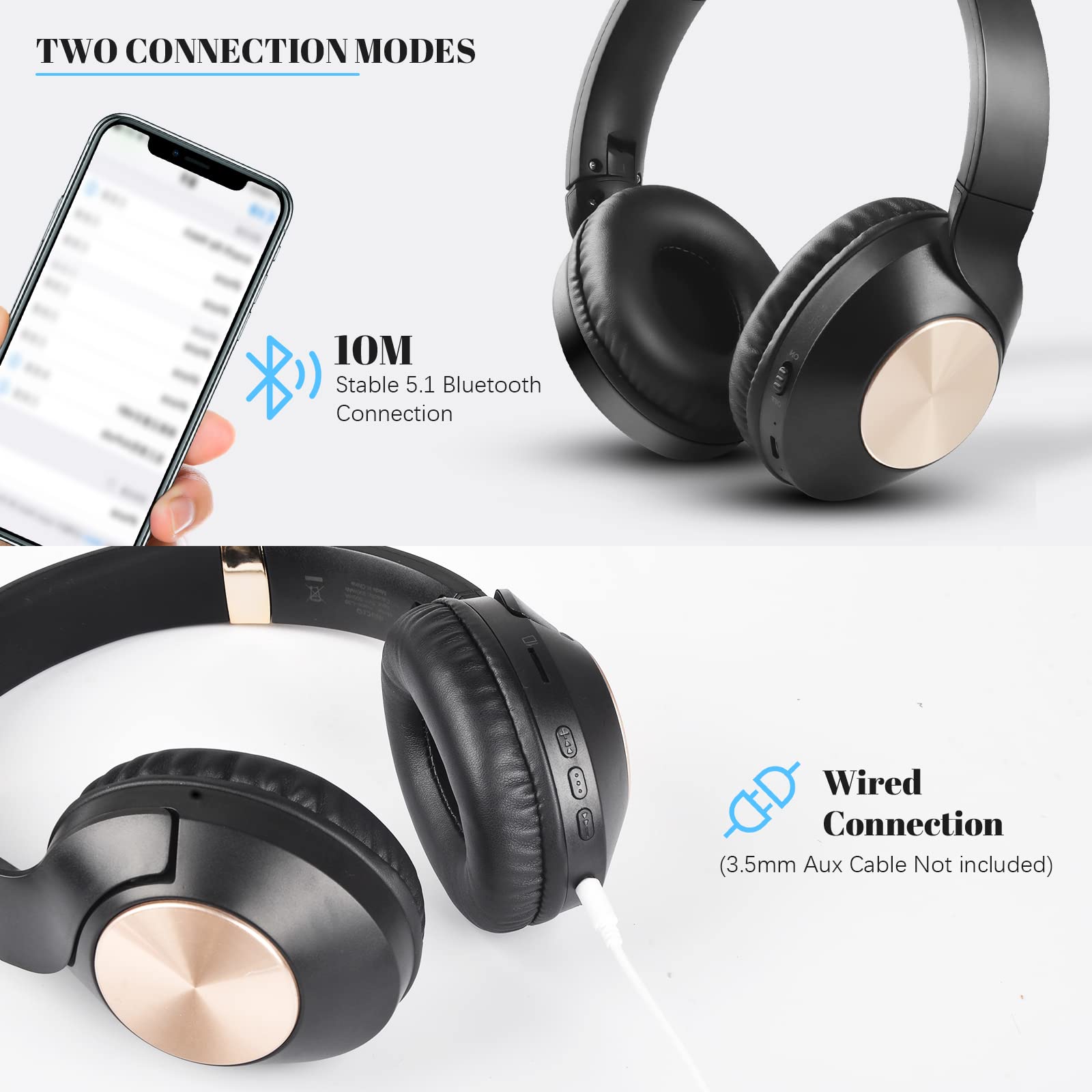 Wireless Bluetooth Over-Ear Headphones with Deep Bass HiFi Stereo, Foldable Design & Soft Protein Earmuffs, TF/SD Card Slot & Wired Mode - Perfect for Office, Work, Travel & Home Use