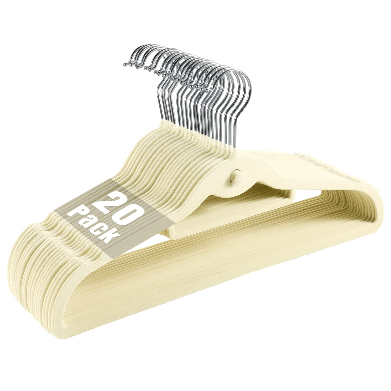 Velvet Clothing Hangers - Slim Stackable Non-Slip Beige Suit Hangers with 360° Swivel Hook | Heavy Duty Space Saving Closet Organizers for Adults (Pack of 20) | Perfect for Wardrobe Organization & Closet Storage Solutions