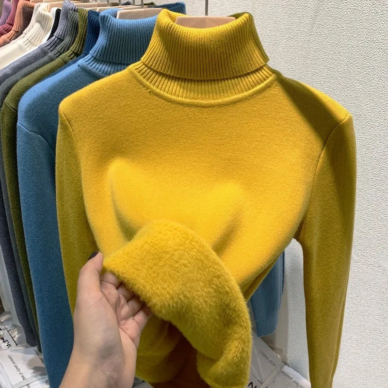Women's Thick Velvet Turtleneck Sweater - Warm Winter Pullover for Casual Outfits & Holiday Parties