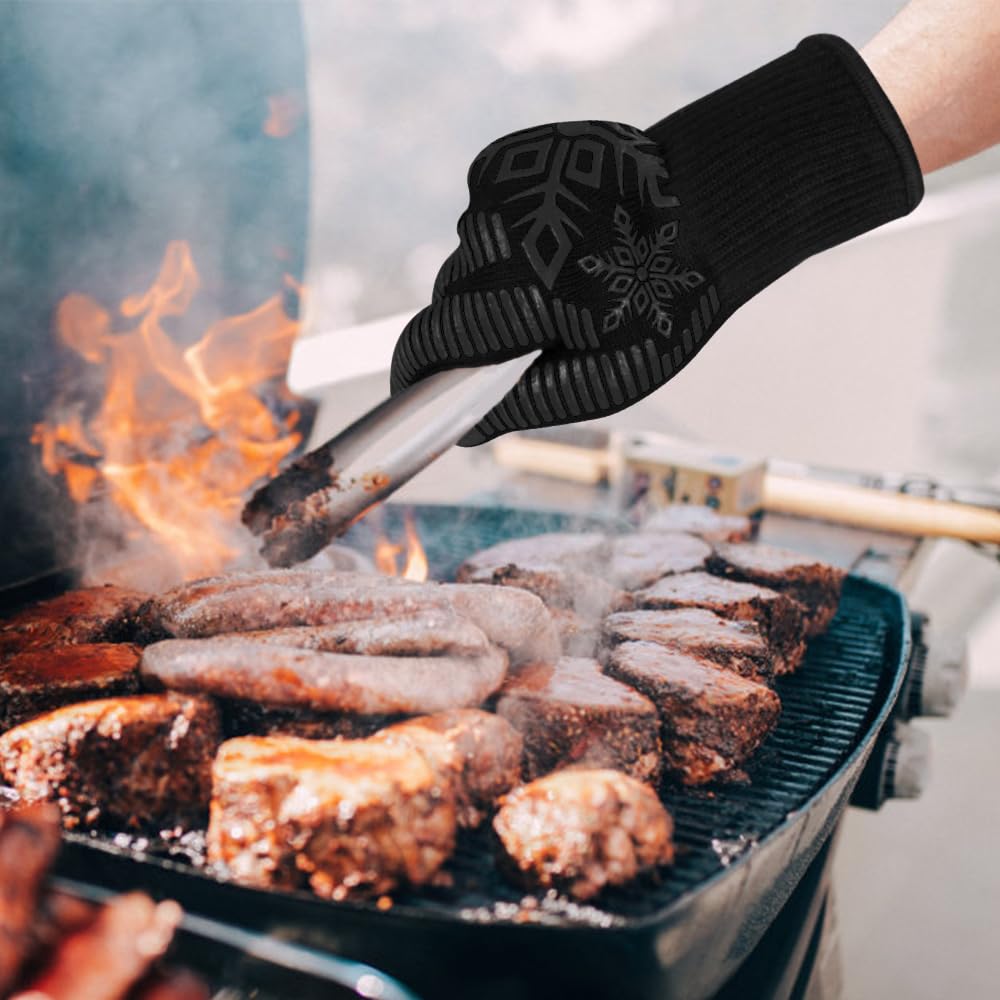 Heat Resistant BBQ Gloves - Fireproof Silicone Non-Slip Oven Mitts for Grilling, Baking & Cooking | Durable Black Short Grill Accessories for Outdoor BBQ, Camping & Kitchen Use