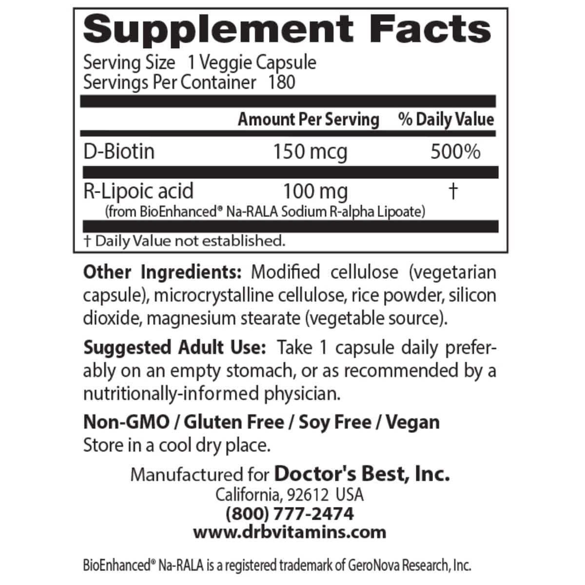 Doctor's Best Stabilized R-Lipoic Acid 100mg - 180 Vegan Capsules for Antioxidant Support & Energy Boost | Perfect for Daily Wellness & Anti-Aging Routine