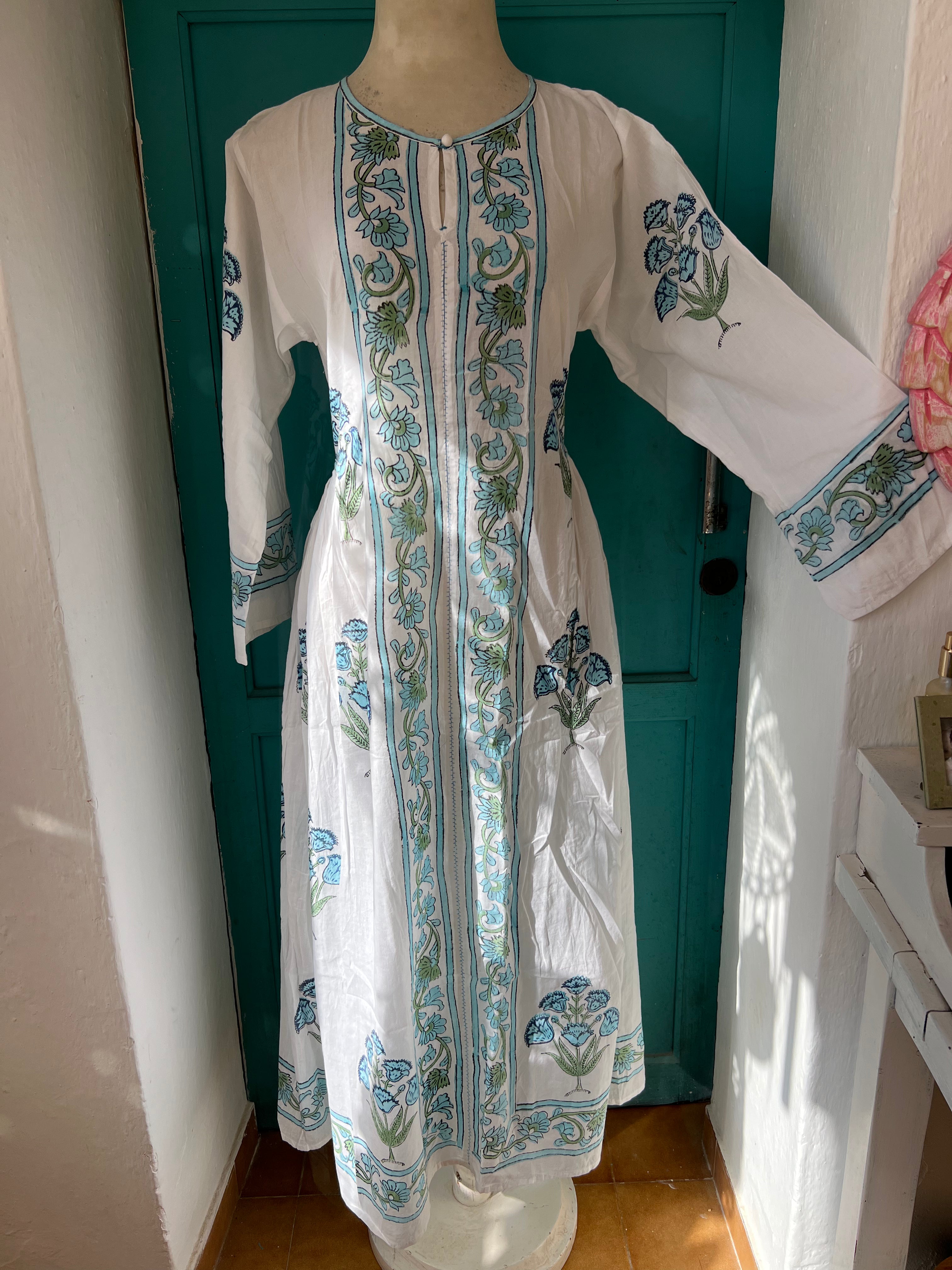 Exquisite Mughal Style Turquoise Block Print Dress – Elegant Ethnic Wear for Festivals, Weddings & Cultural Events