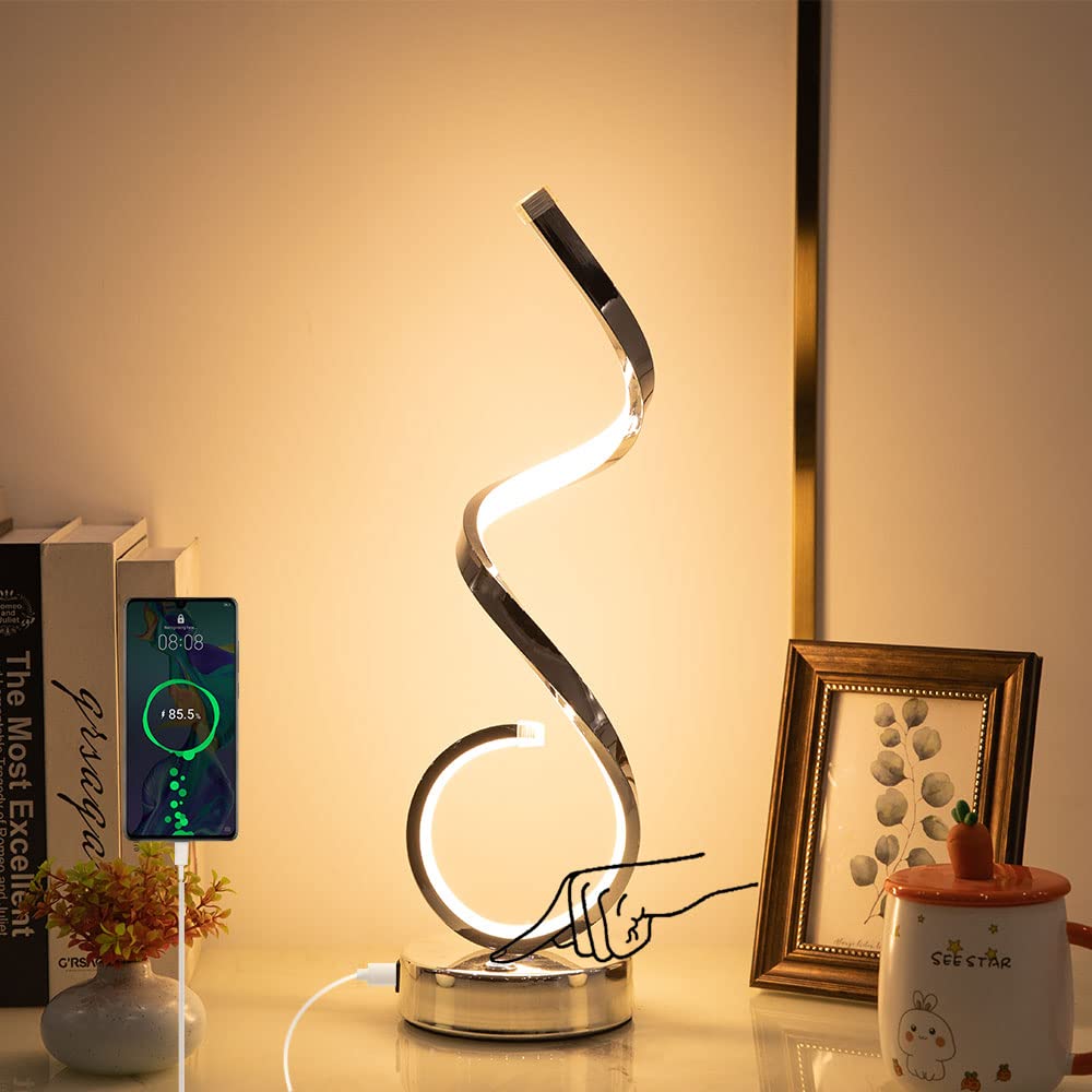 Modern Spiral LED Table Lamp - 22W Dimmable Touch Control Desk Light with USB Charging Port, 3 Color Modes for Bedroom, Living Room & Office - Silver | Perfect for Reading, Working & Nightstand Lighting