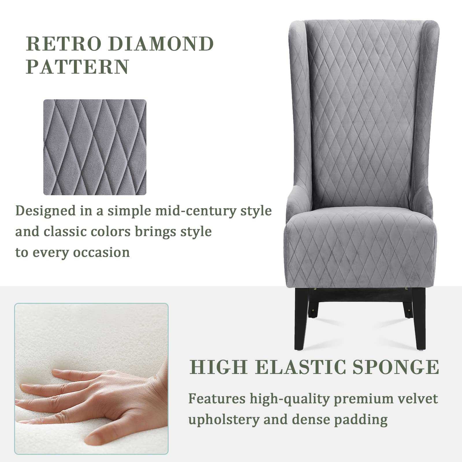 Wing Back Dining Chair - High Back Velvet Upholstered Side Chair for Living Room, Retro Accent Armless Throne Seat in Grey | Perfect for Bedroom, Dining Room, Banquet & Dinner Parties