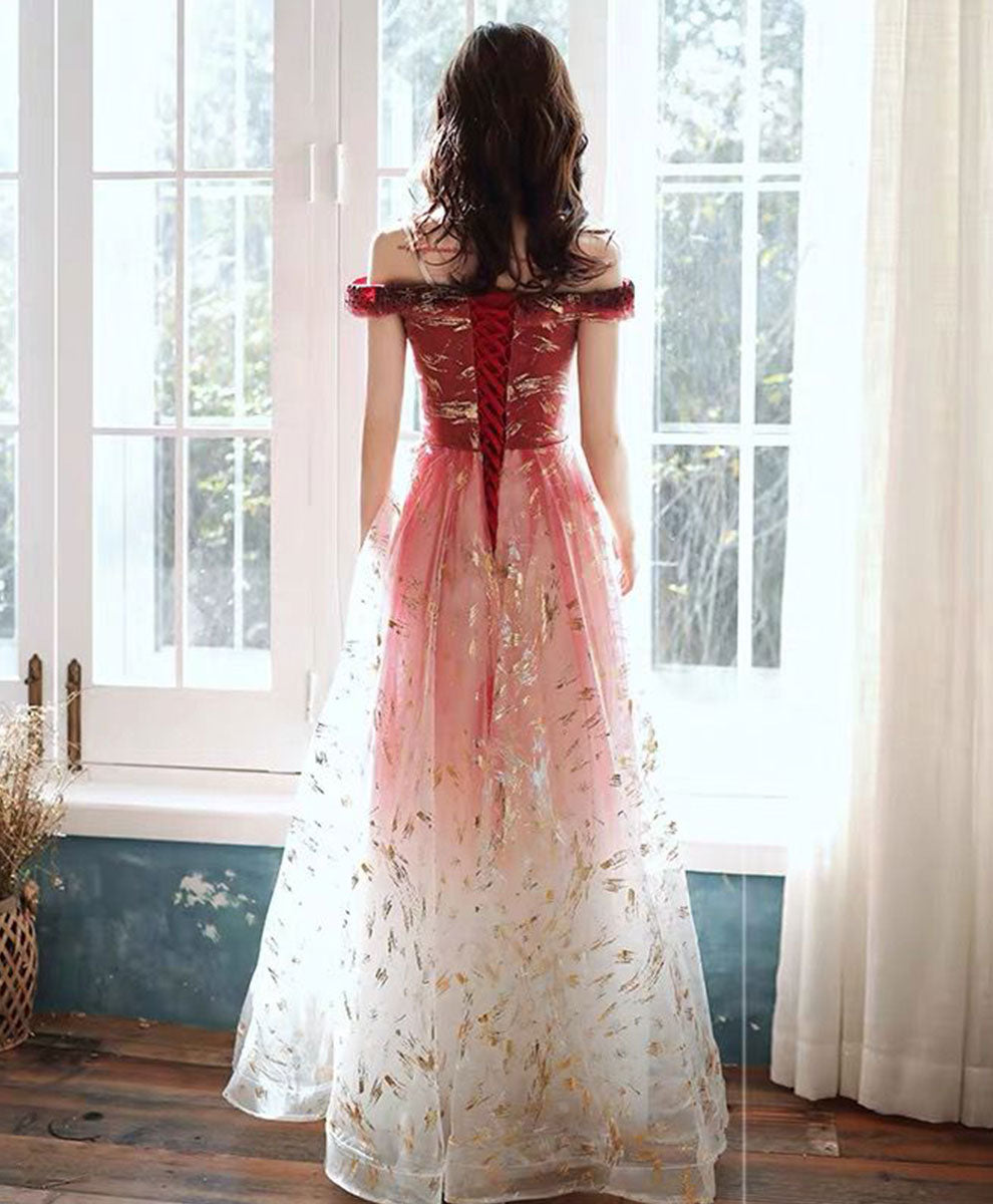 Elegant Burgundy Off-Shoulder Lace Tulle Prom Dress - Long Formal Gown for Homecoming, Wedding Guest & Special Occasions
