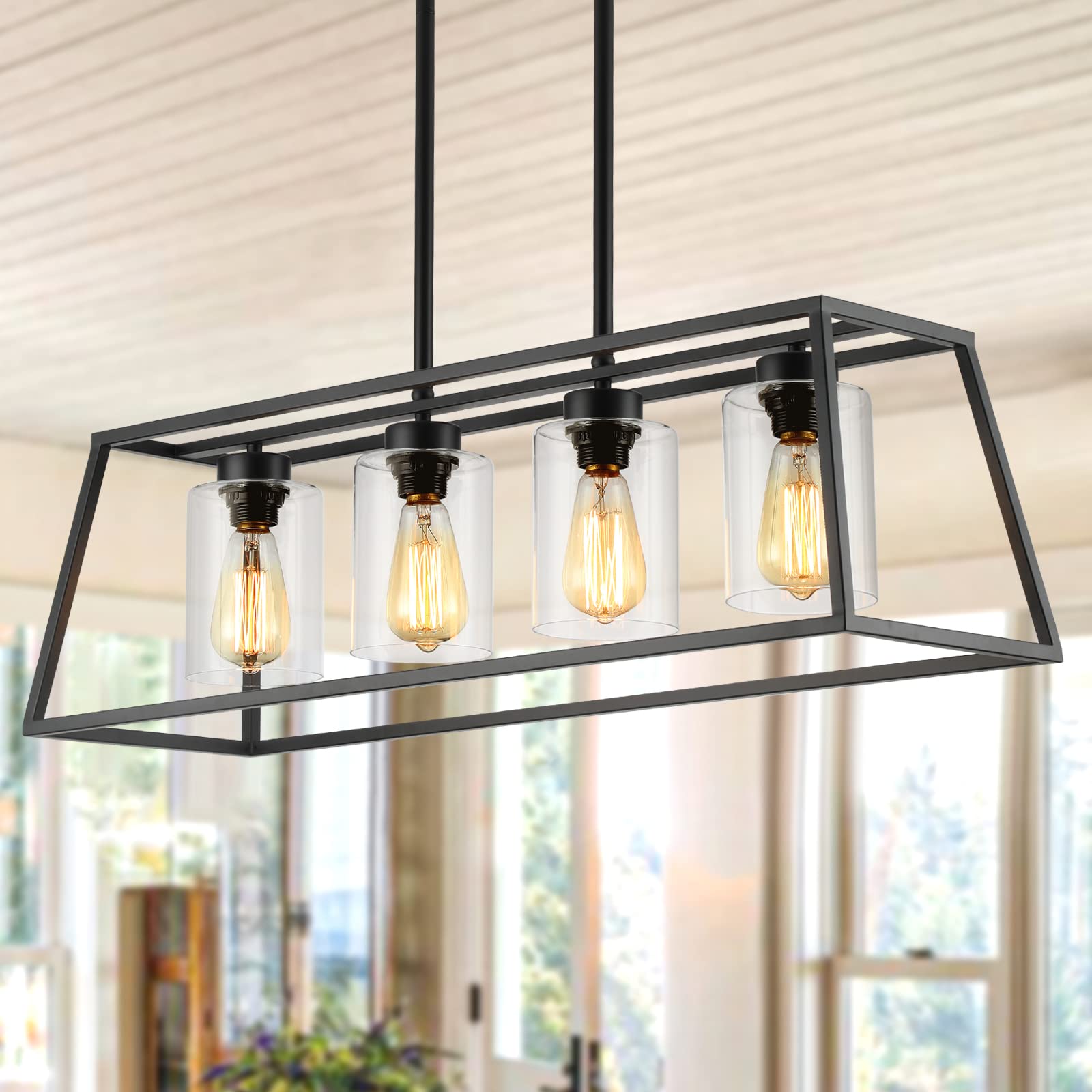 Black Farmhouse Chandeliers for Dining Room, Rustic Kitchen Island Pendant Light, 4-Light Linear Pendant Lamp with Glass Shade, Perfect for Dining Room Lighting Over Table and Kitchen Island