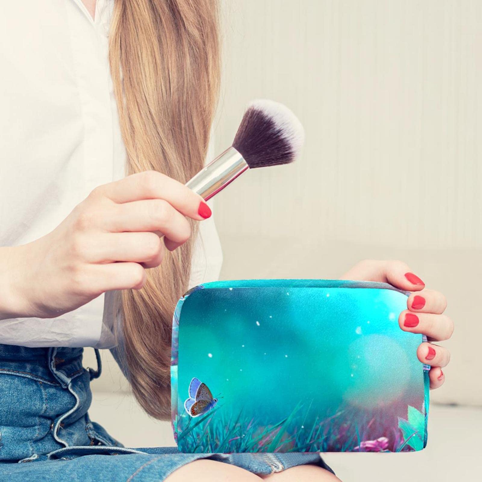 Elegant Cyan Grass Butterfly Makeup Bag - Large Capacity Travel Toiletry Organizer Case for Women | Perfect for Travel, Gym, and Daily Cosmetics Storage