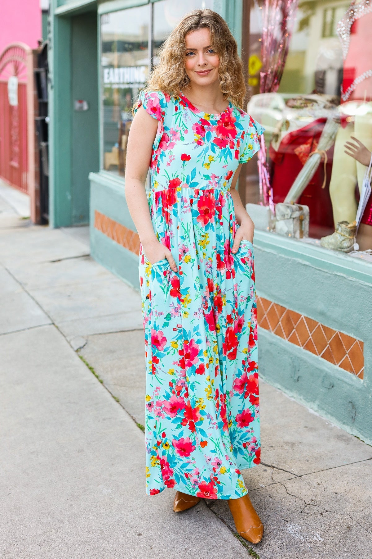 Aqua Floral Fit & Flare Maxi Dress for Women - Summer Beach Wedding Party Dress - Flowy Long Dress with V-Neck & Ruffle Hem