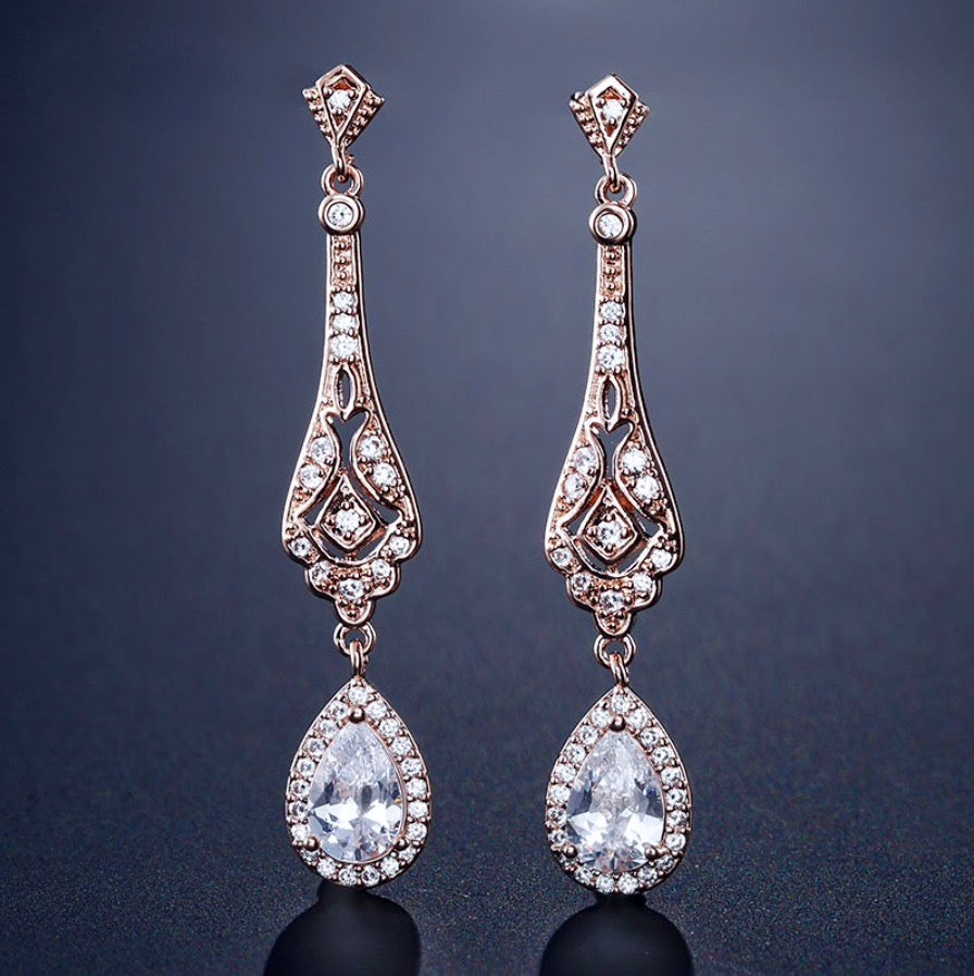 Elegant Cubic Zirconia Bridal Earrings for Women - Sterling Silver & Rose Gold Wedding Jewelry - Perfect for Bridal Shower, Engagement Party & Anniversary Gifts