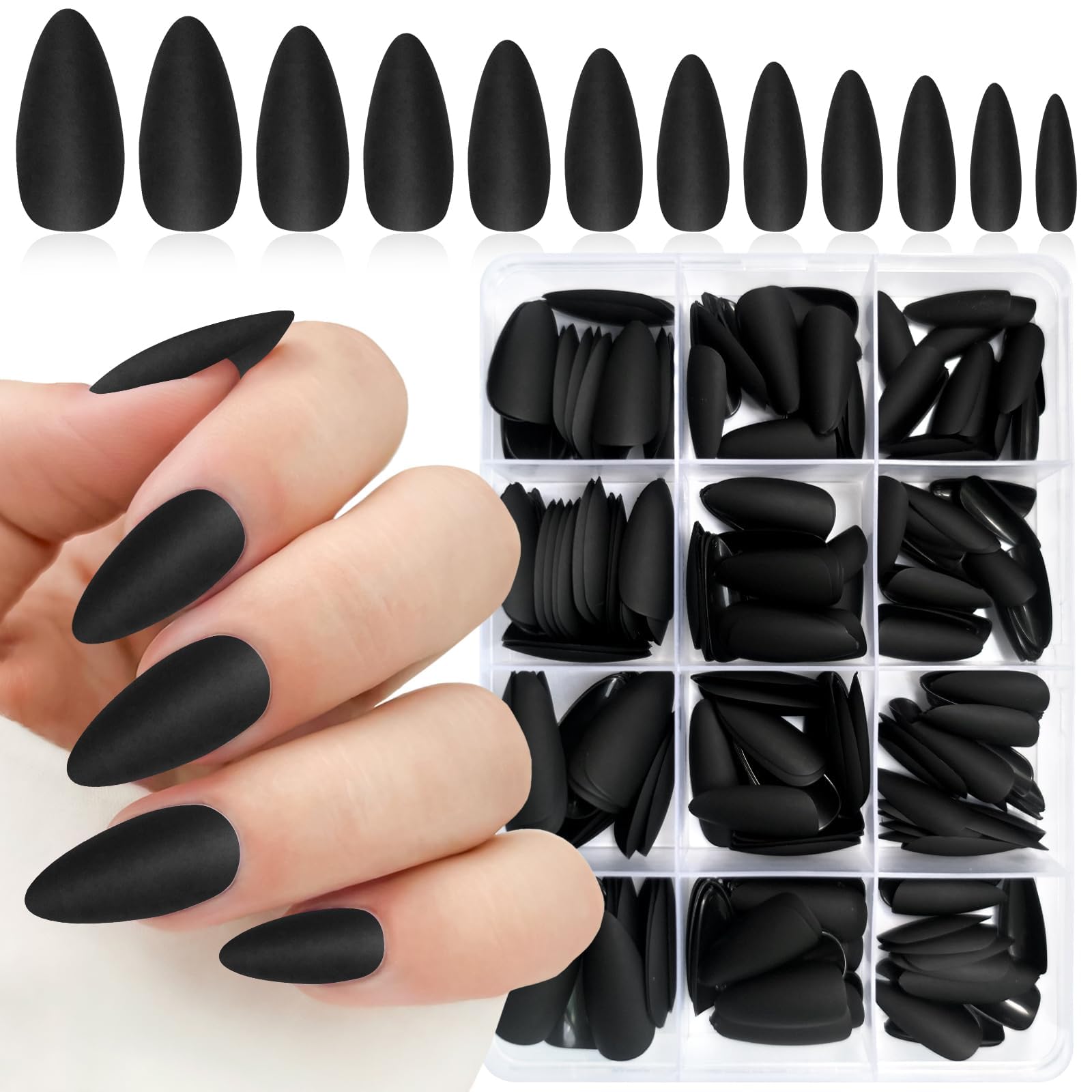 240PC Matte Black Almond Press On Nails - Medium Length Fake Nails with Nail Glue & Adhesive Tabs | Short Stiletto False Nail Tips for Women | Perfect for Parties, Weddings & Everyday Wear