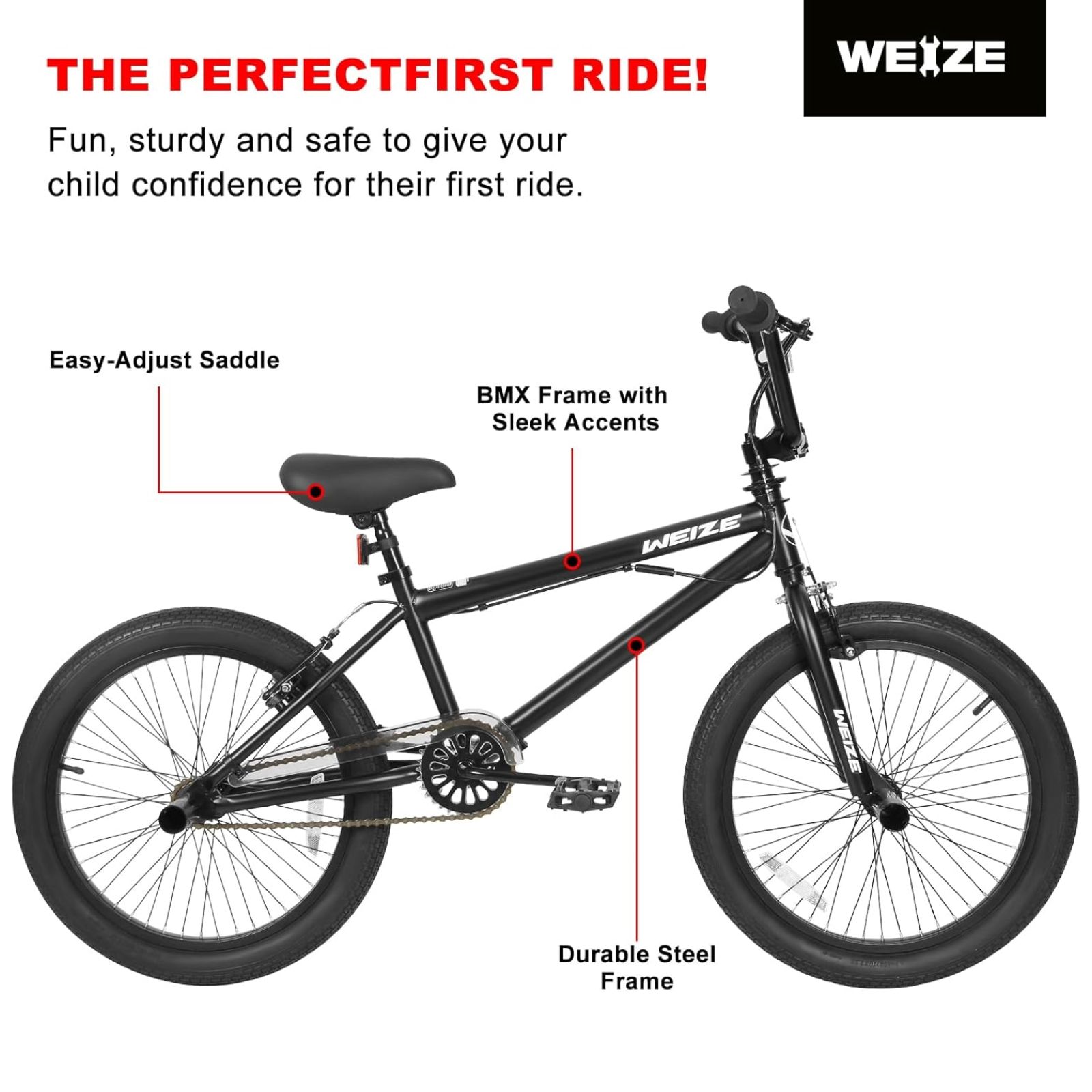 WEIZE 20 Inch Freestyle BMX Bike for Kids & Adults - Hi-Ten Steel Frame, 360° Rotor, 4 Pegs Single Speed Trick Bicycle - Perfect for Beginners to Advanced Riders - Great for Street Riding, Skate Parks & BMX Stunts
