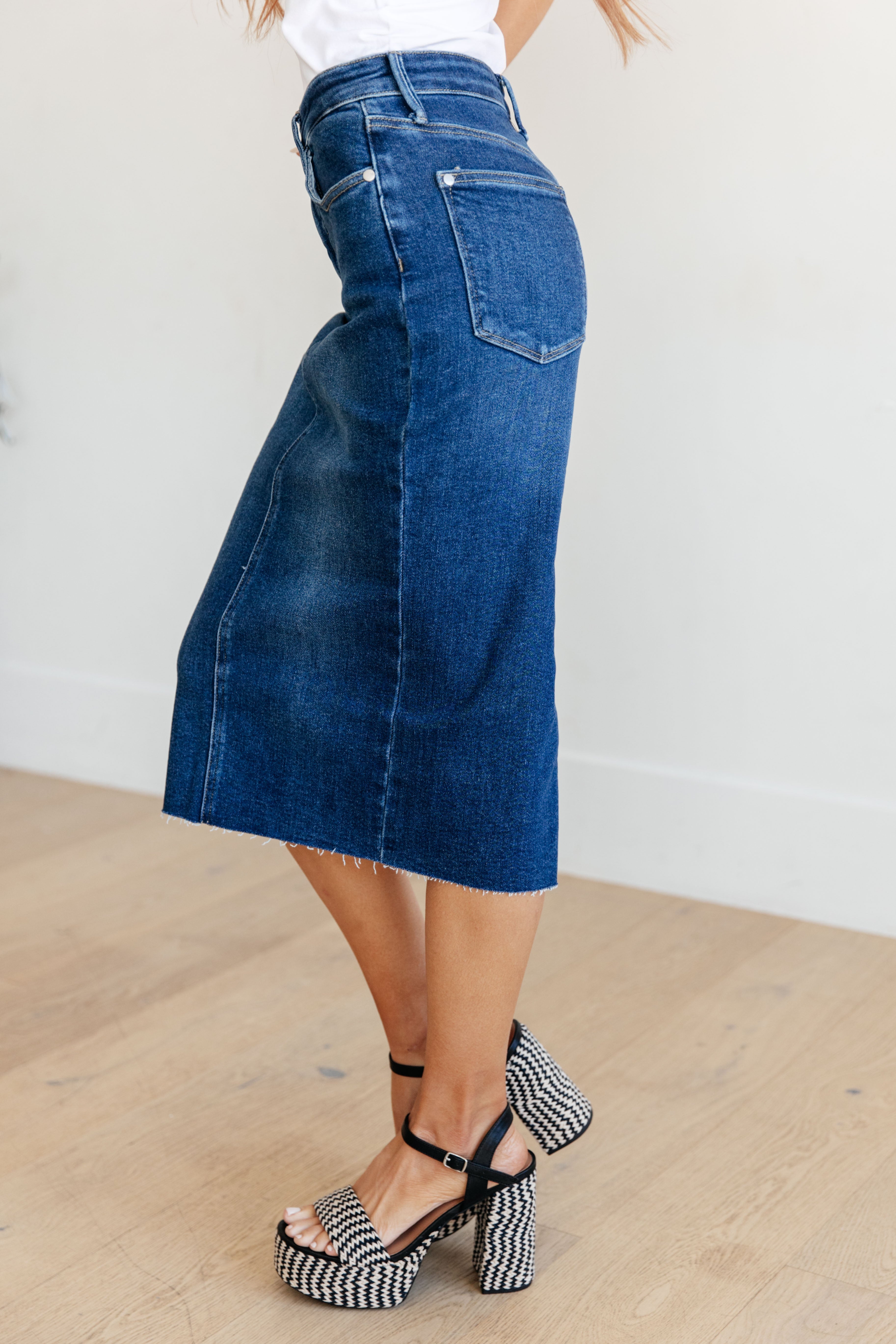 Marcy High Rise Denim Midi Skirt for Women - Stretchy Comfort Fit A-Line Denim Skirt | Perfect for Casual Outfits, Office Wear & Date Nights