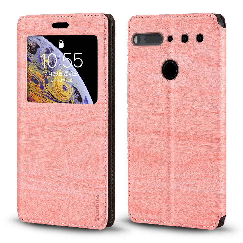 Premium Wood Grain Leather Magnetic Flip Cover Case for Essential Phone PH-1 - Card Holder & Window Slot - Stylish Protection for Everyday Use (Pink)