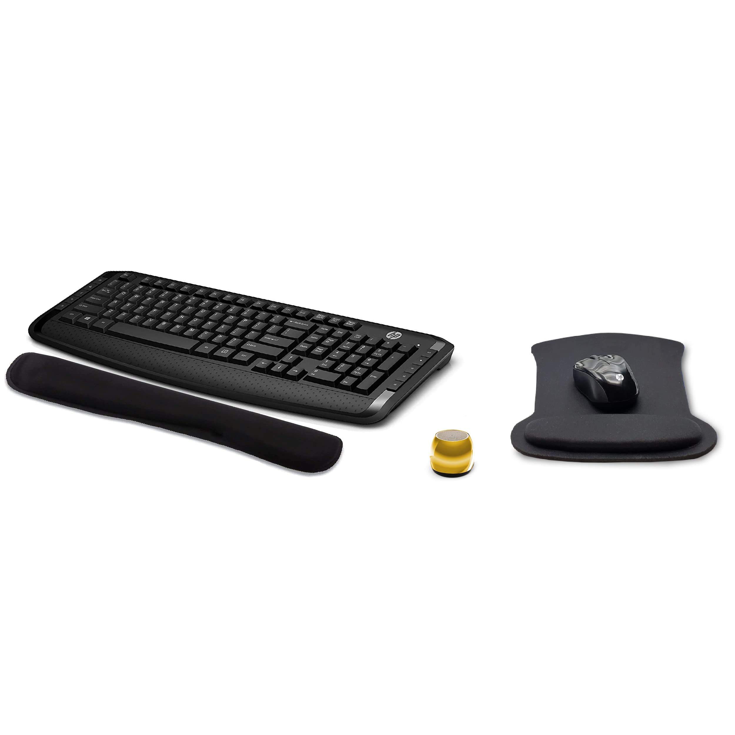 HP Wireless Keyboard and Mouse 300 Combo Set with Ergonomic Gel Mouse Pad, Wrist Support, and Portable Bluetooth Speaker - Perfect for Home Office, Gaming, and Remote Work