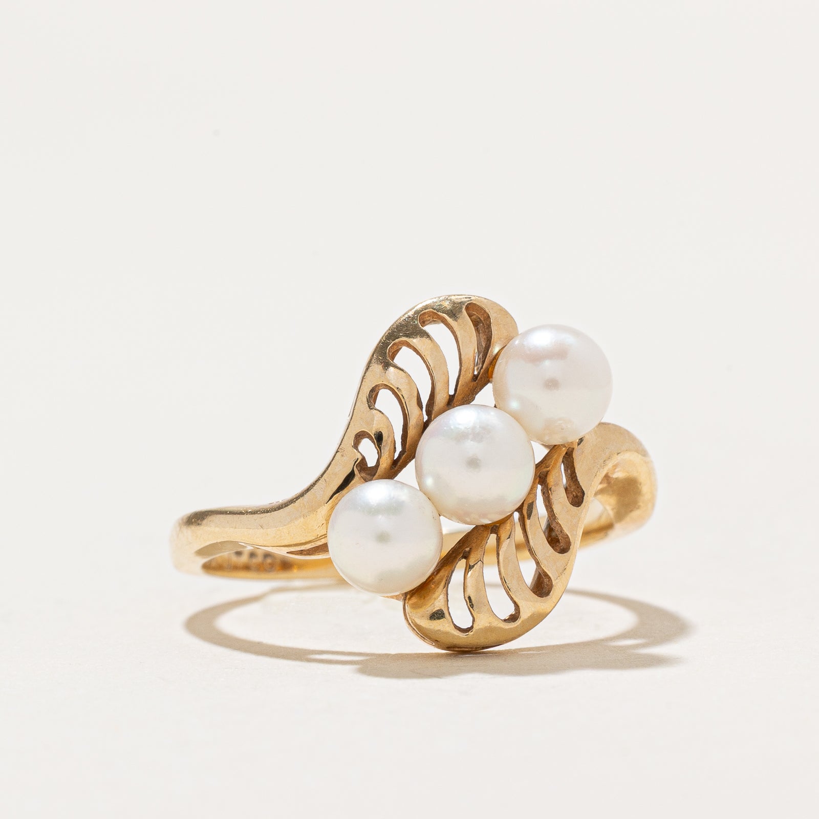 Elegant Diagonal Three Stone Pearl Bypass Ring - Size 6.25 | Perfect for Weddings, Anniversaries & Special Occasions