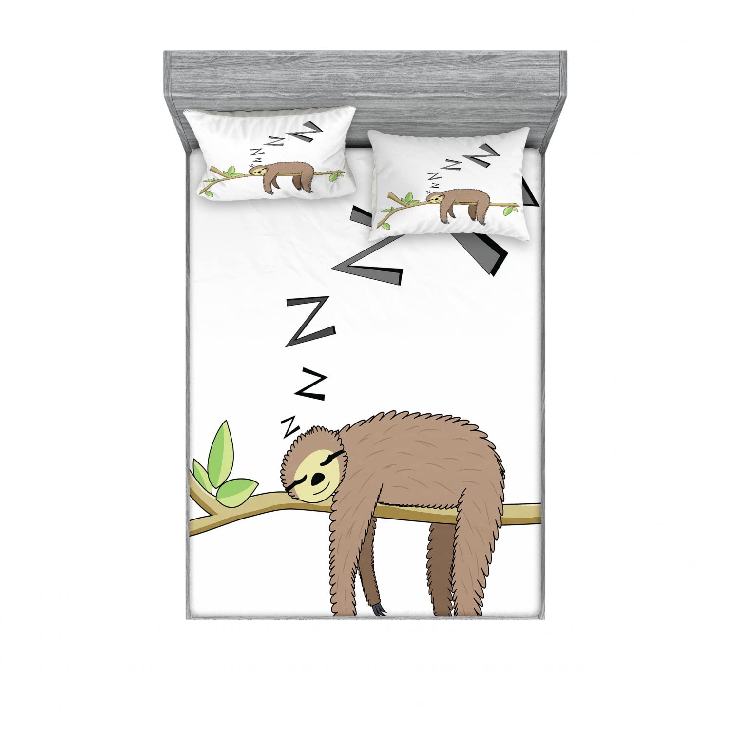 Ambesonne 2-Pack Sloth Fitted Sheet & Pillow Sham Set - 4 Piece Bedding Decor with 2 Calking Size Sheets & 4 Pillow Covers in Grey Green Brown - Perfect for Kids Room, Dorm Decor or Animal Lover Gifts