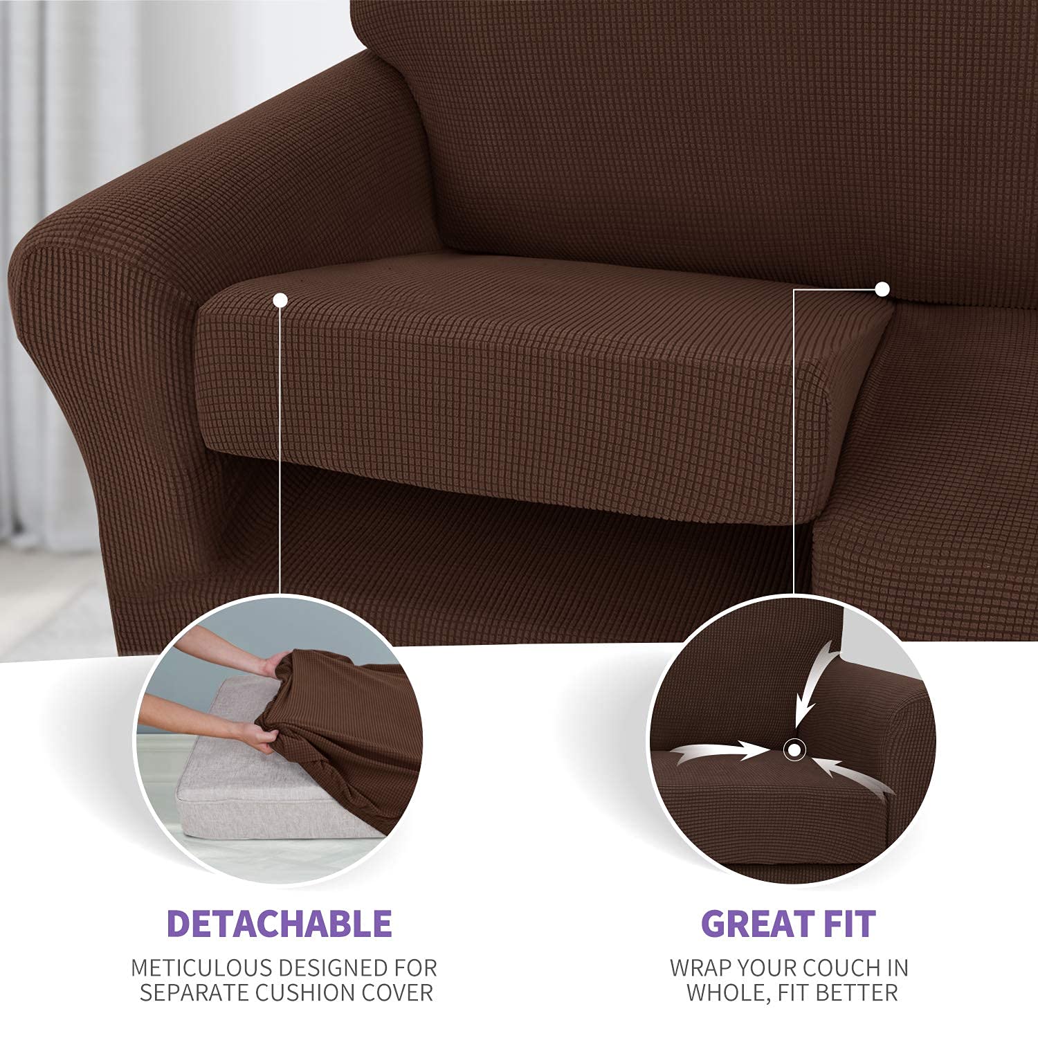 ZNSAYOTX 3-Piece Stretch Jacquard Loveseat Slipcovers - Spandex Sofa Cover for 2-Cushion Couches, Coffee Checkered Furniture Protector - Perfect for Living Room, Apartment & Small Space Decor