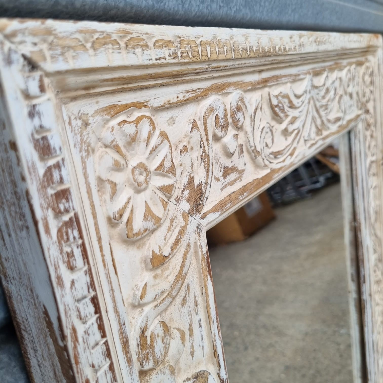 Handmade Floral Carved Solid Wood Mirror Frame - Rustic White Indian Furniture Decor for Bedroom, Living Room & Entryway
