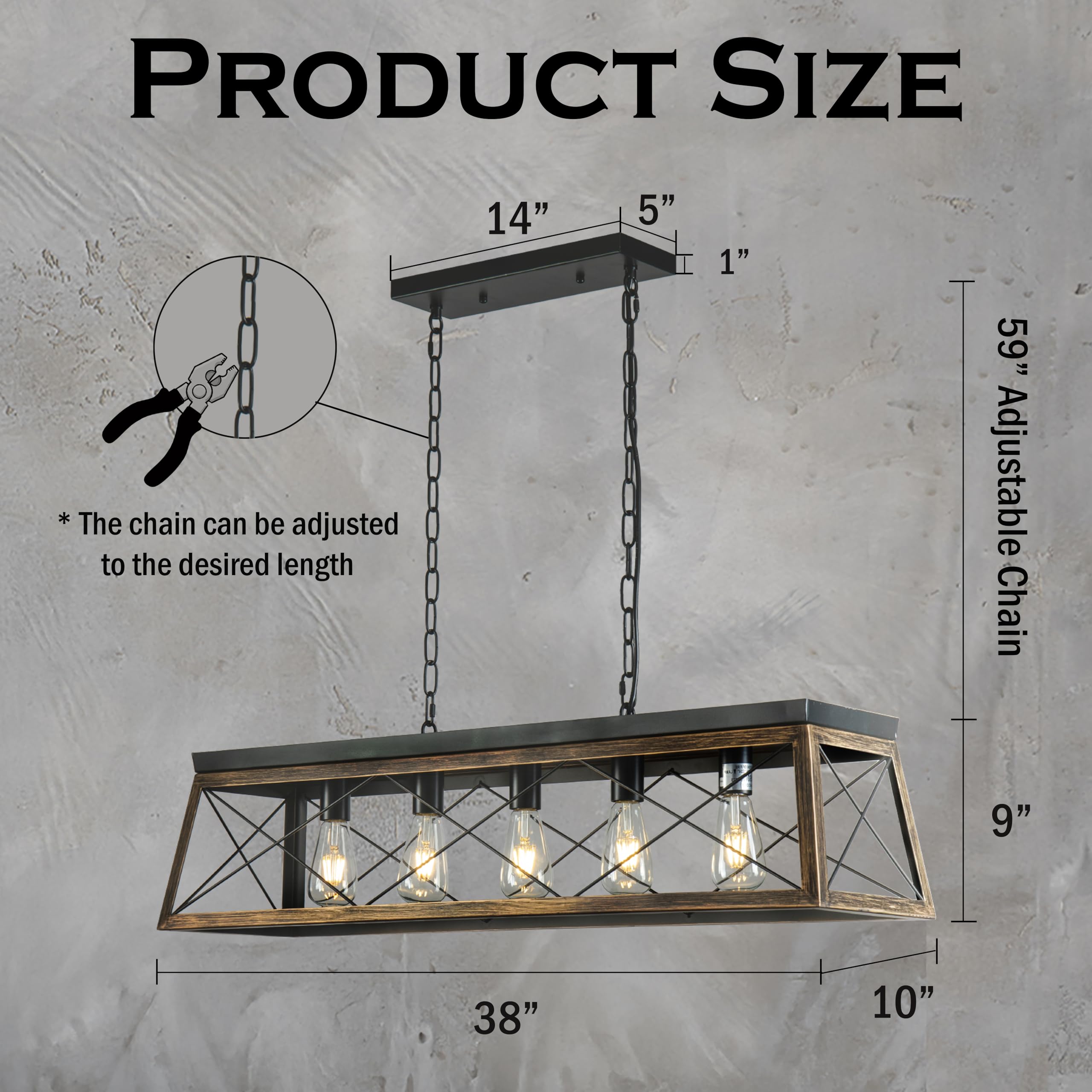 Modern Farmhouse 5-Light Rectangular Chandelier - Rustic Solid Wood Dining Room Pendant Light - Matte Black Industrial Geometric Kitchen Island Lighting - Perfect for Farmhouse, Dining Table, and Kitchen Decor