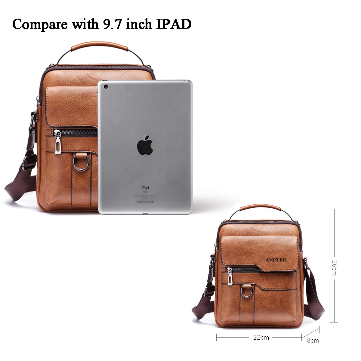ANPTER Men's PU Leather Messenger Bag - Crossbody Shoulder Bag for School, Travel, Work & Hiking - Durable Sling Satchel for Daily Use (Brown) - Perfect for Commuting, Business Trips & Outdoor Adventures