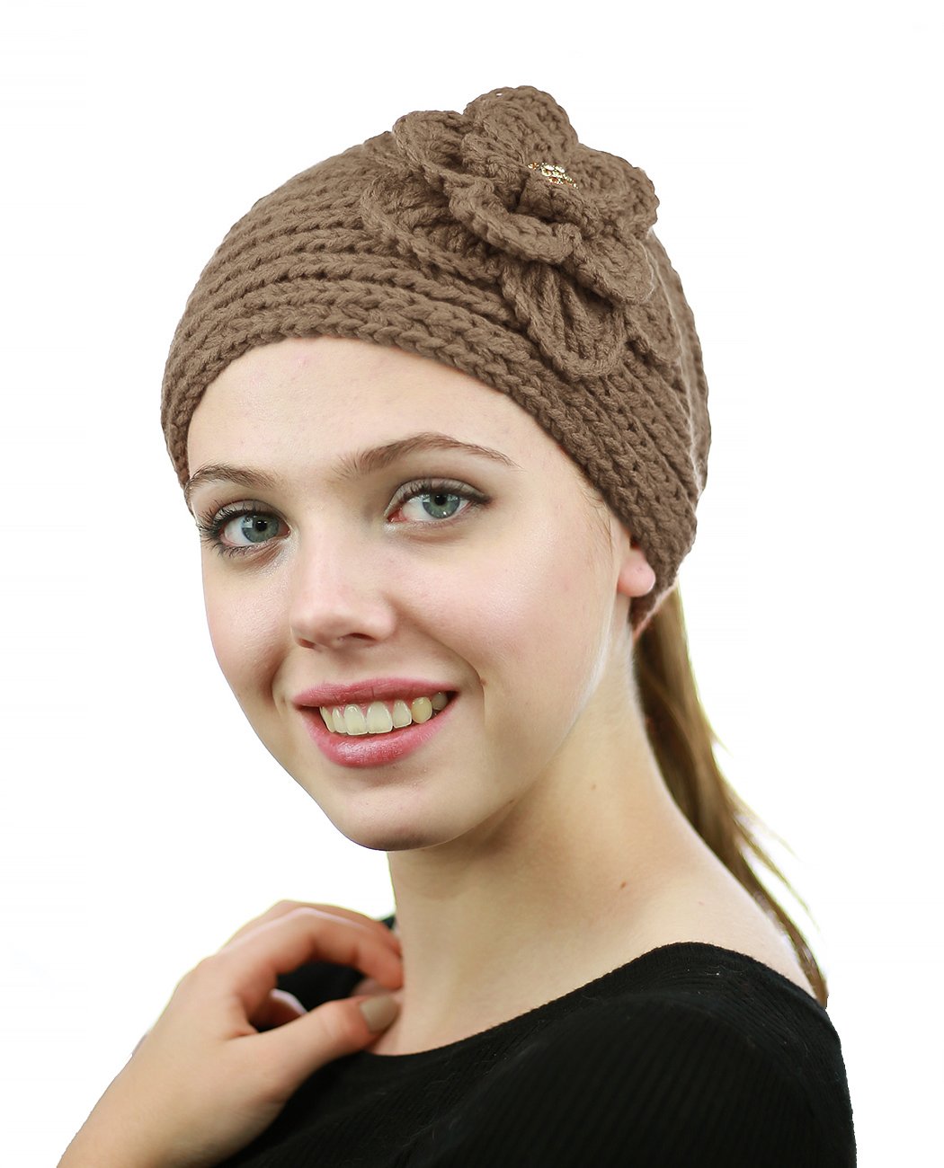 NYFASHION101 Stone Accent Hand Knitted Flower Winter Headband for Women - Cozy Knit Headwrap for Cold Weather, Outdoor Activities & Fashion Accessories