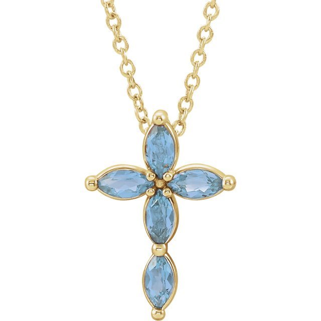14K Gold 0.35 CTW Marquise Aquamarine Petite Cross Pendant Necklace - Elegant Jewelry Gift for Women, Perfect for Weddings, Anniversaries & Everyday Wear