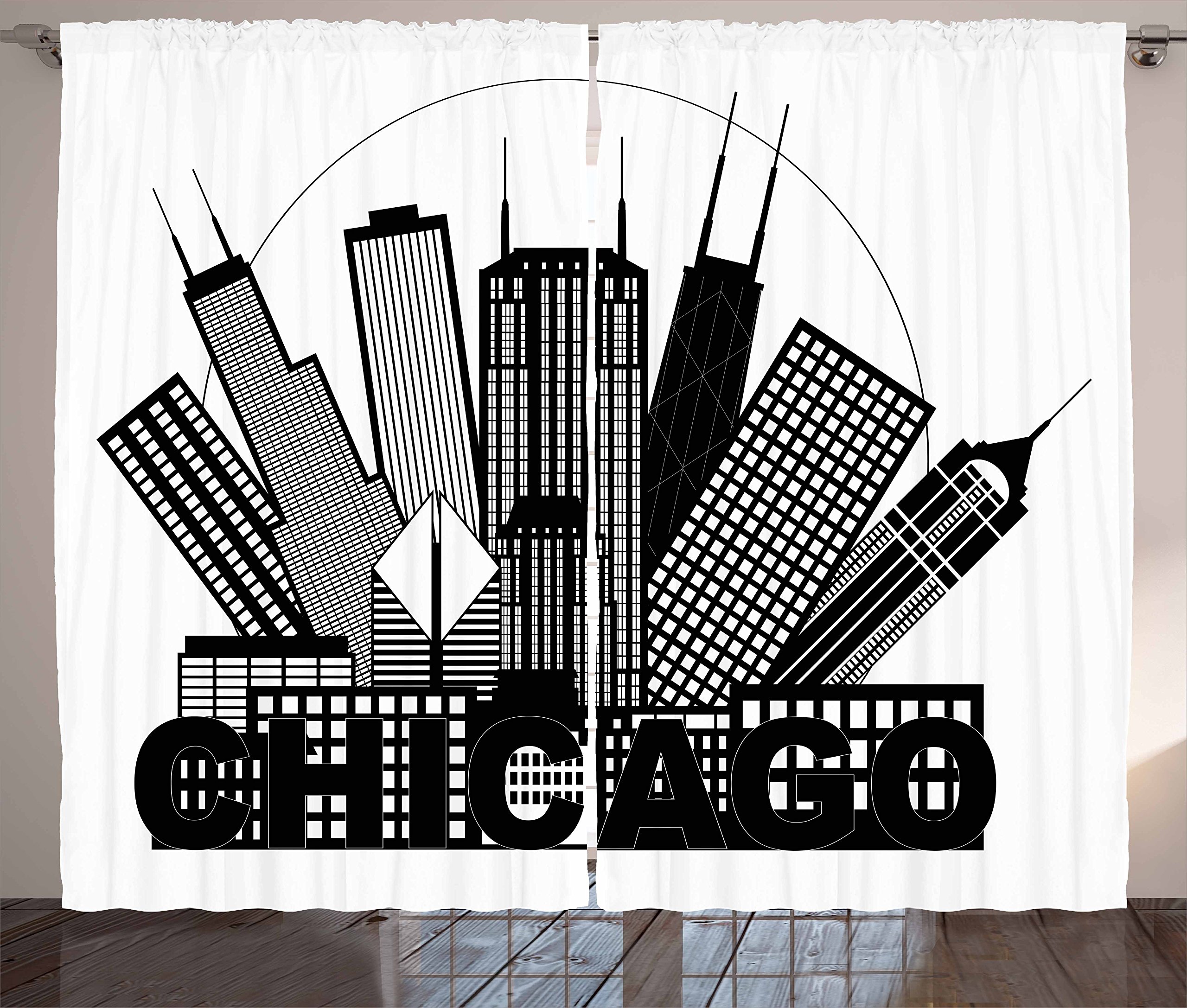 Ambesonne Chicago Skyline Black and White Curtains - 2 Panel Set, 108